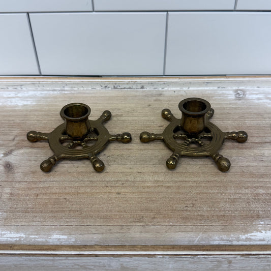 Solid Brass Ship’s Wheel Candlestick Holders, Set of 2