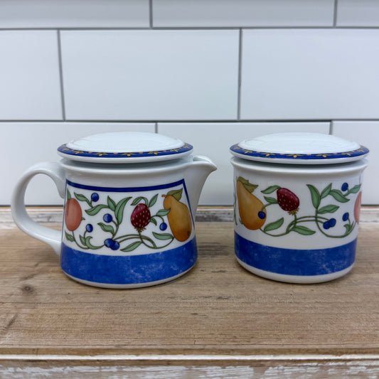 Dansk Fiance Fruits Blue Creamer & Sugar Bowl Set Vintage
