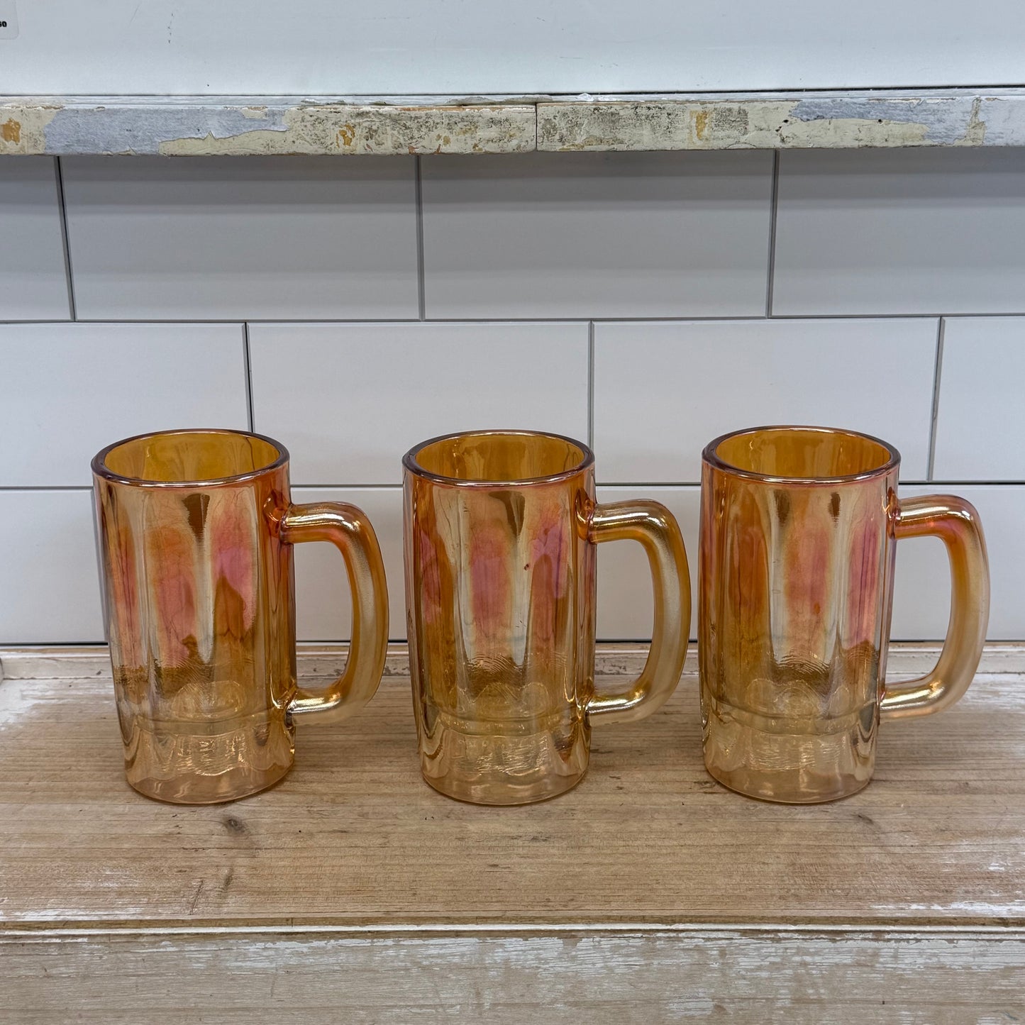Jeannette Golden Oxen Carnival Glass Beer Mugs Set of 3