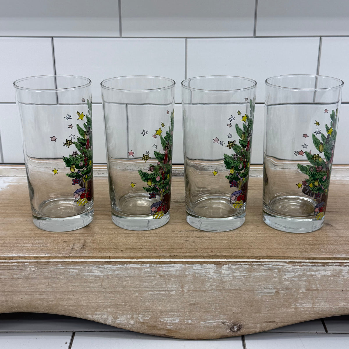 Nikko Christmas Tree Teddy Bear Highball Glass Tumblers Set of 4