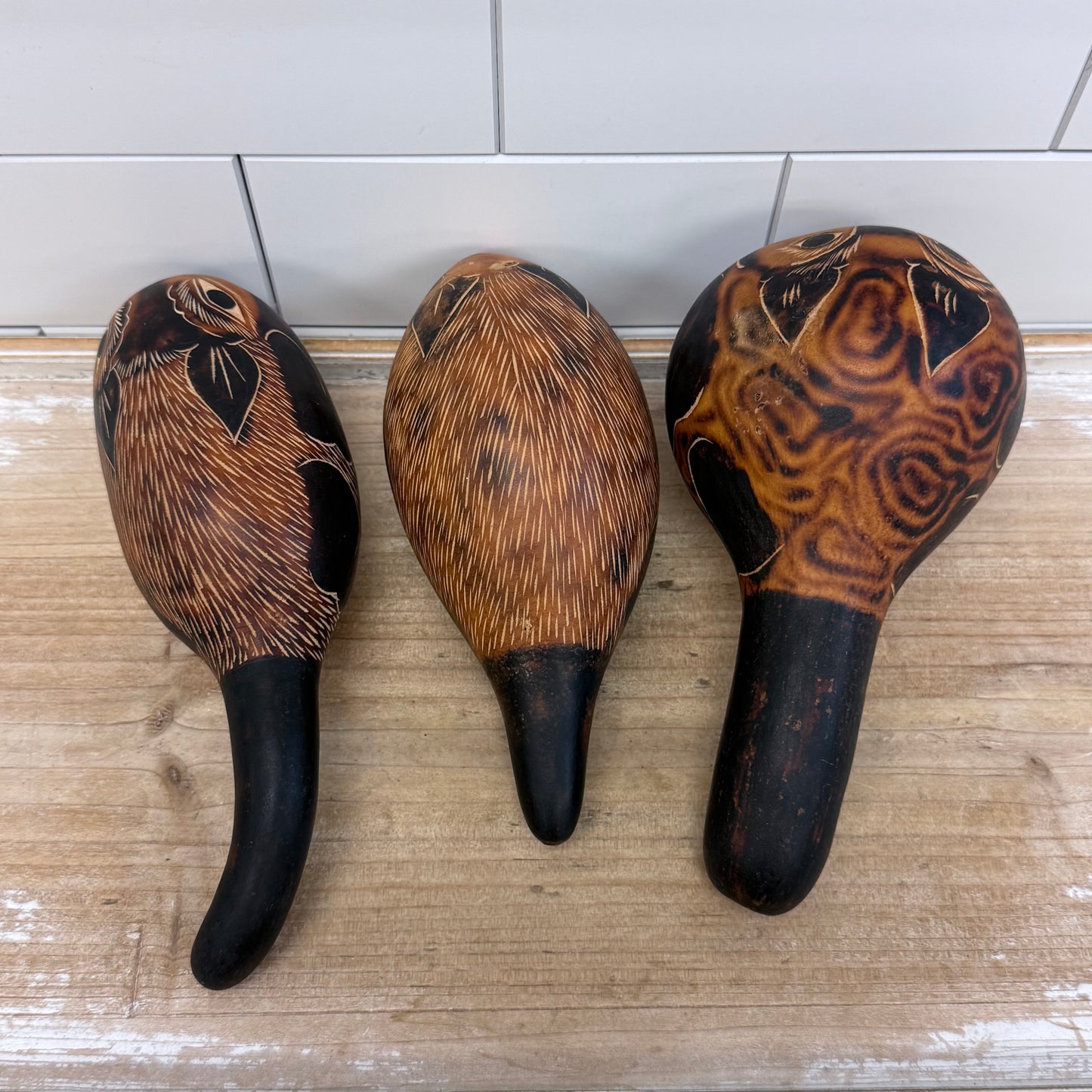 Peruvian Carved Gourd Rattles Animal Folk Art Set 1970s