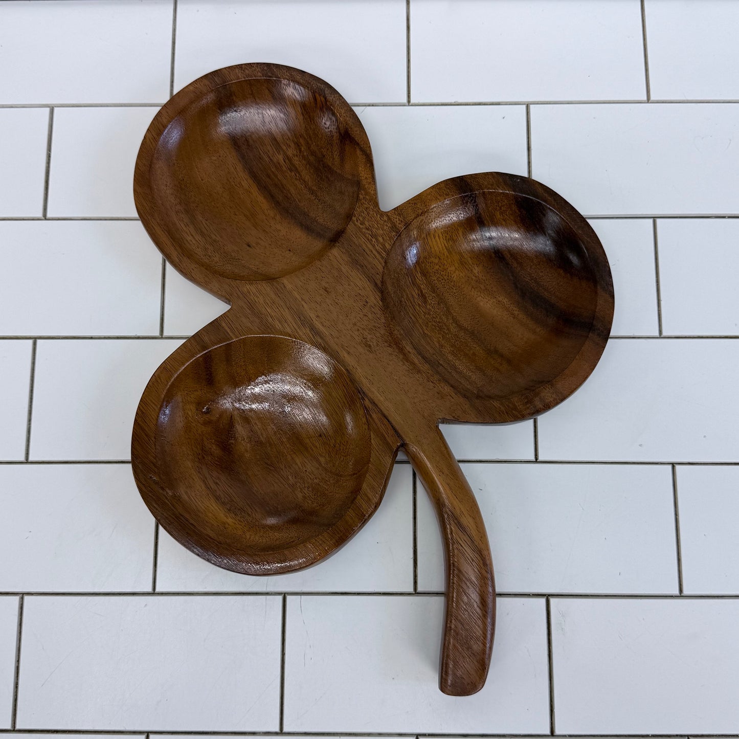 MCM Wood Clover Serving Tray Divided Snack Dish 16”