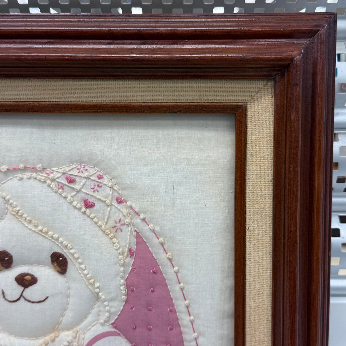 Teddy Bear Embroidery Pink Pajamas Nursery Textile Wall Art