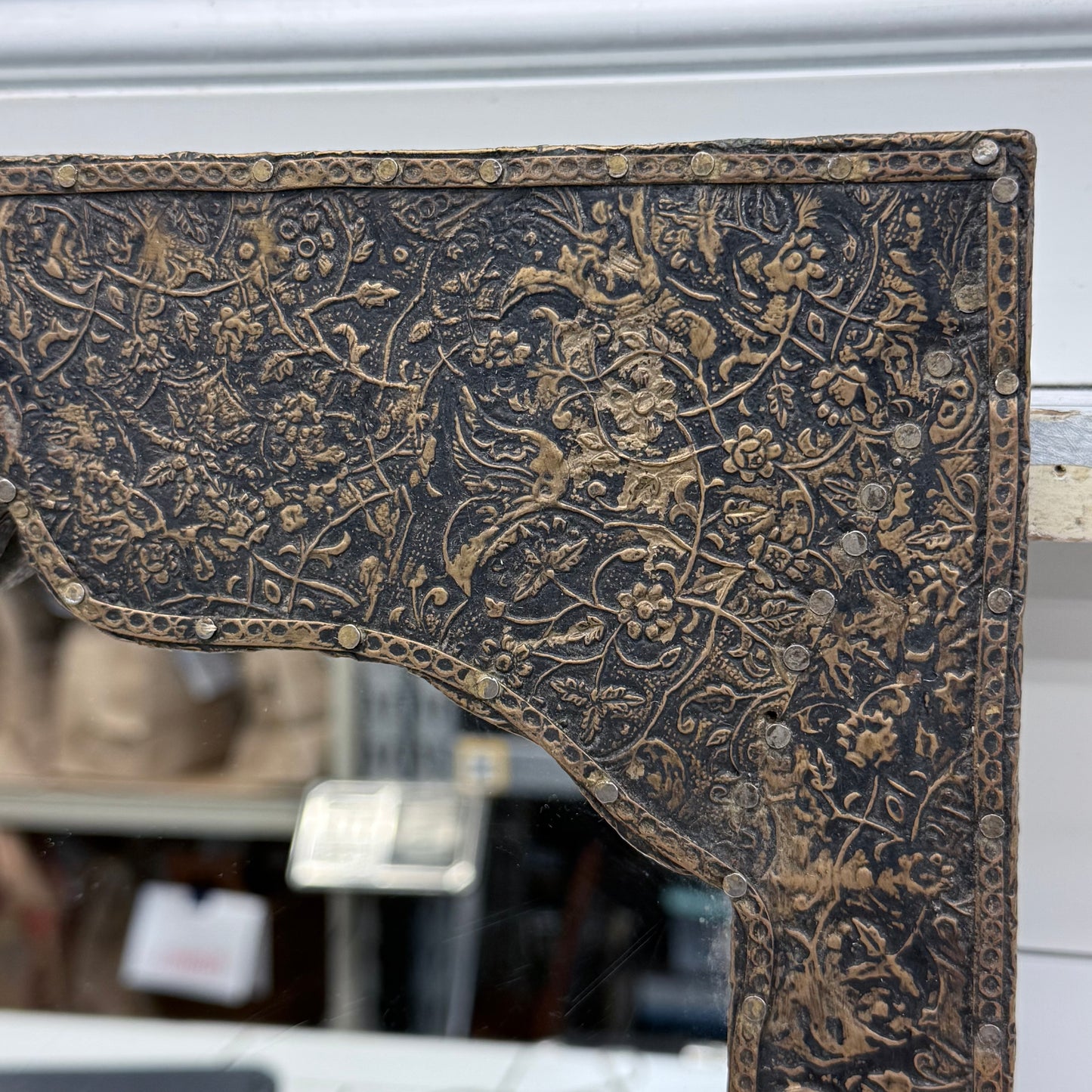 Moroccan Style Floral Embossed Wood Accent Mirror