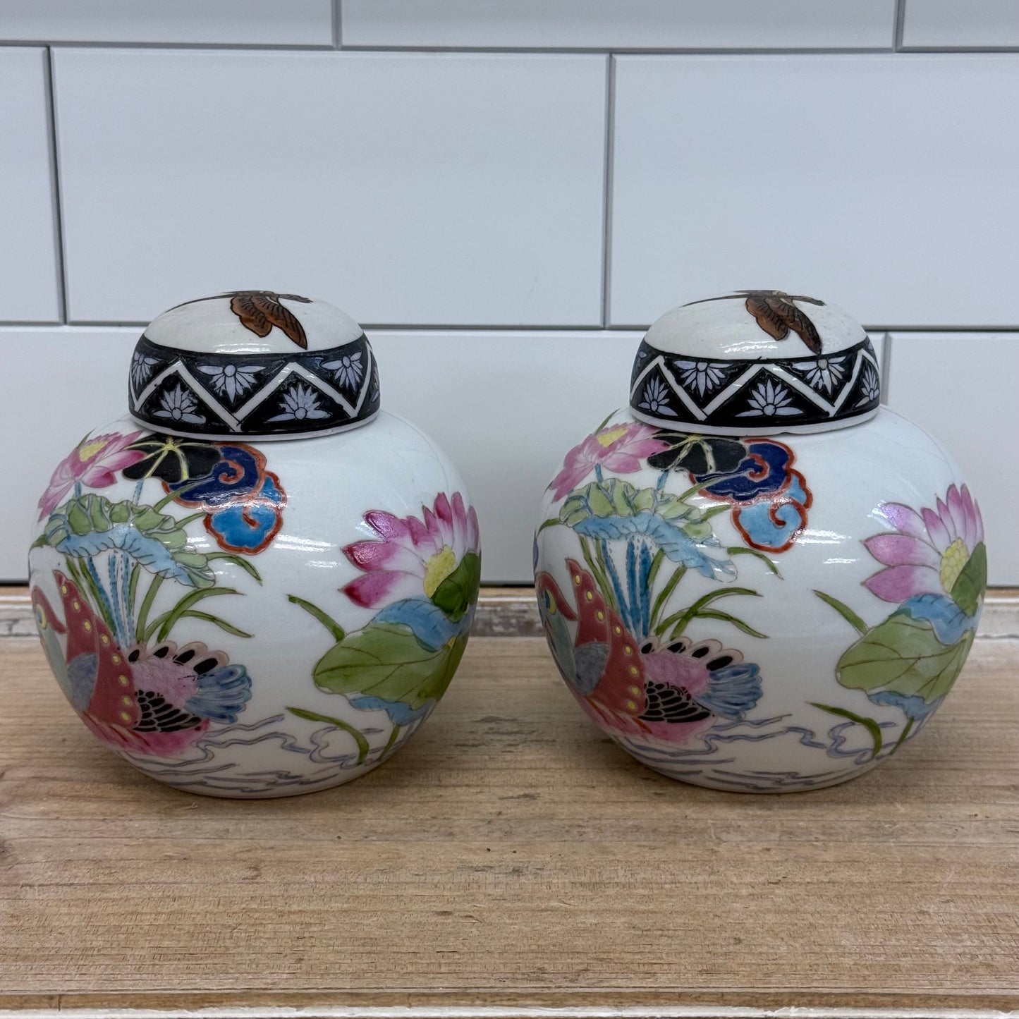 Toyo Porcelain Ginger Jars Bird & Dragonfly Set of 2 Japan