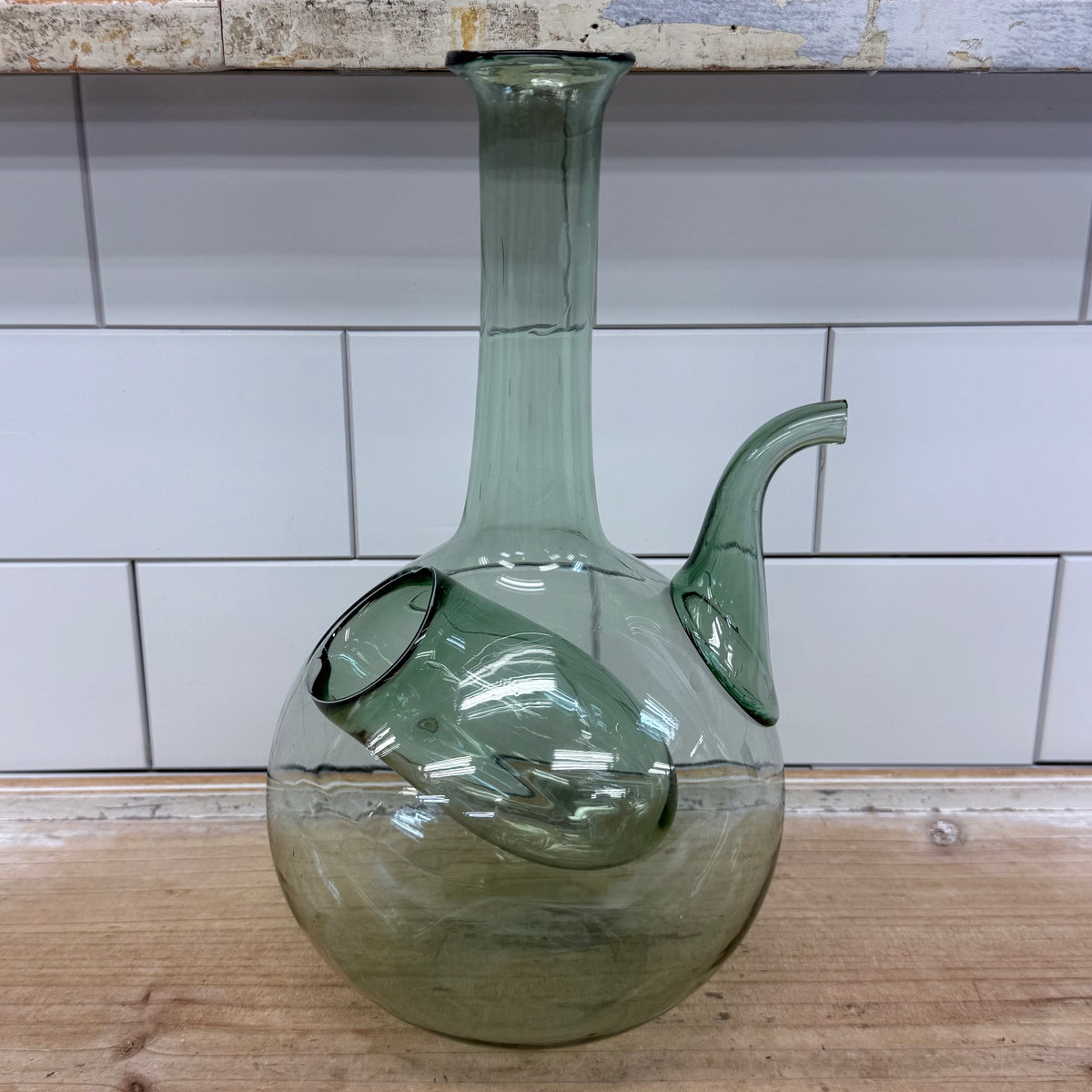 Hand Blown Green Glass Wine Decanter with Ice Pocket