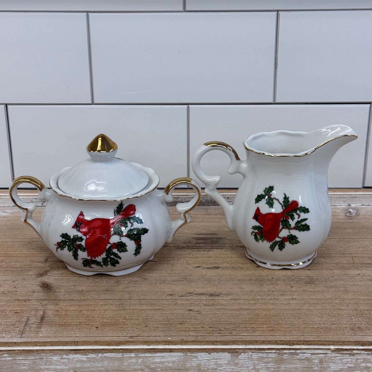 Lefton Cardinal Holly Creamer & Sugar Bowl Christmas