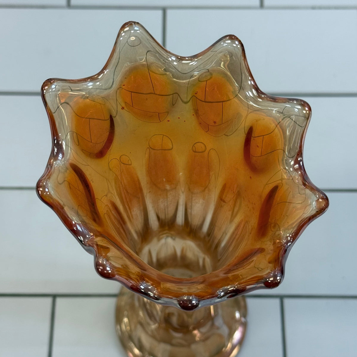 Fenton Long Thumbprint Marigold Carnival Glass Vase c. 1910