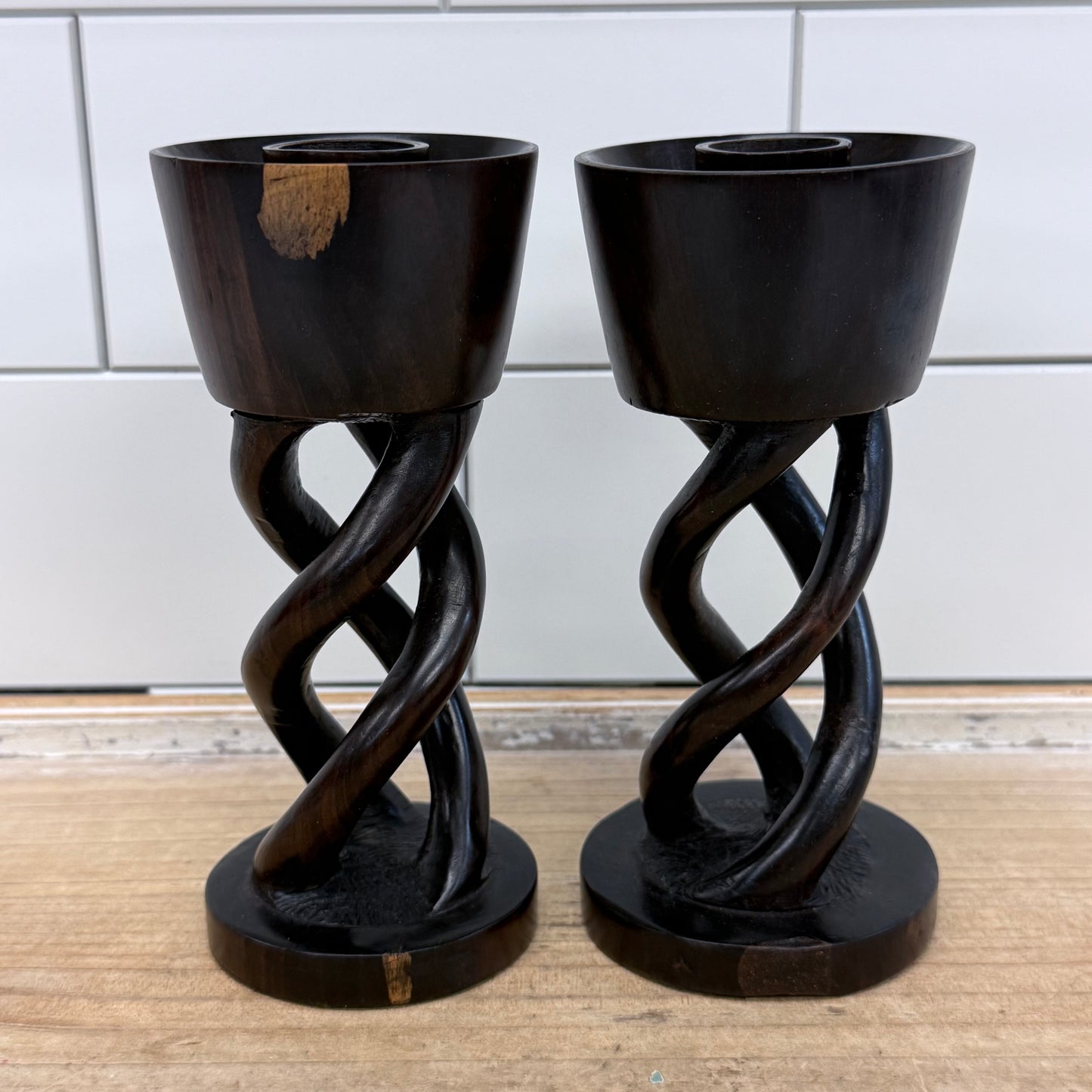 Hand Carved Twisted Helix Wood Candlestick Holders, Set of 2