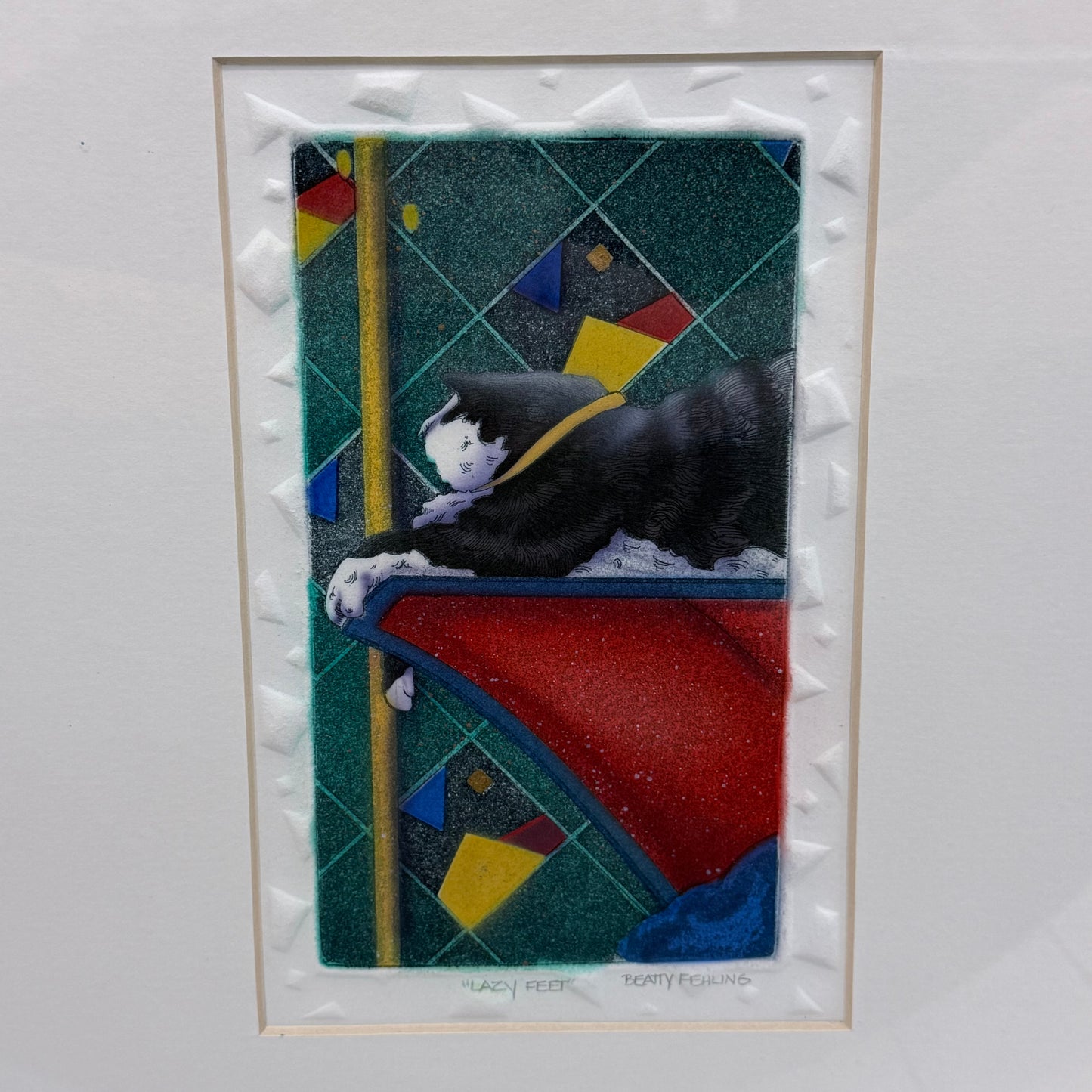 Beatty Fehling Lazy Feet Signed Framed Etching Cat Art Print