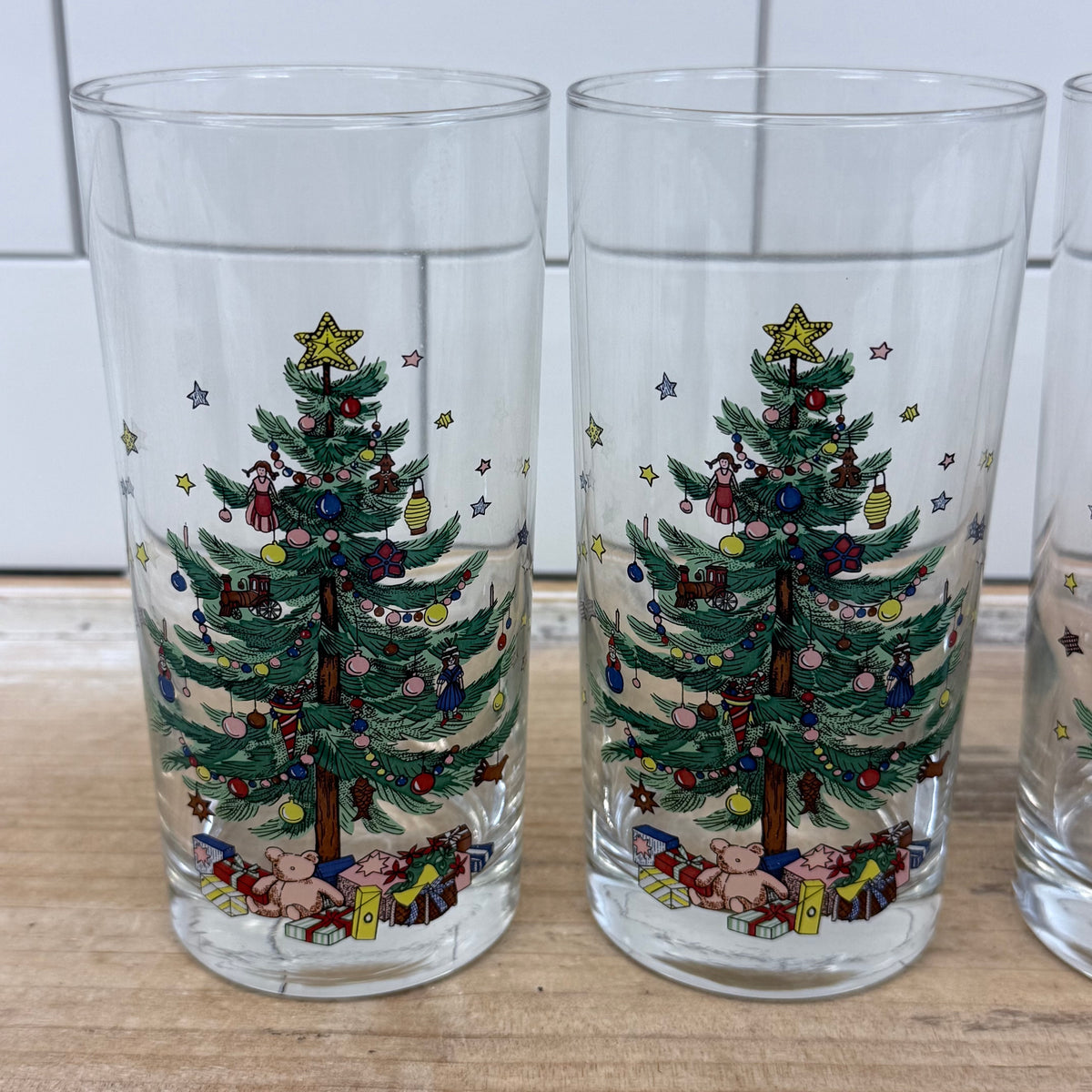 Nikko Christmas Tree Teddy Bear Highball Glass Tumblers Set of 4
