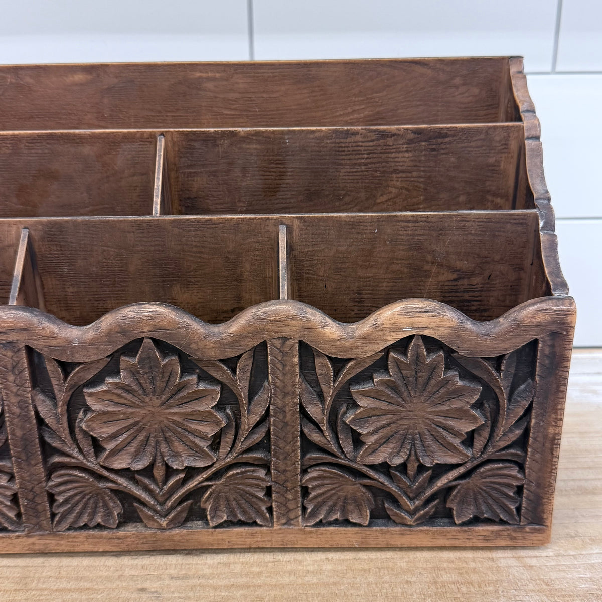 Vintage Lerner Carved Wood Floral Letter Mail Desk Organizer