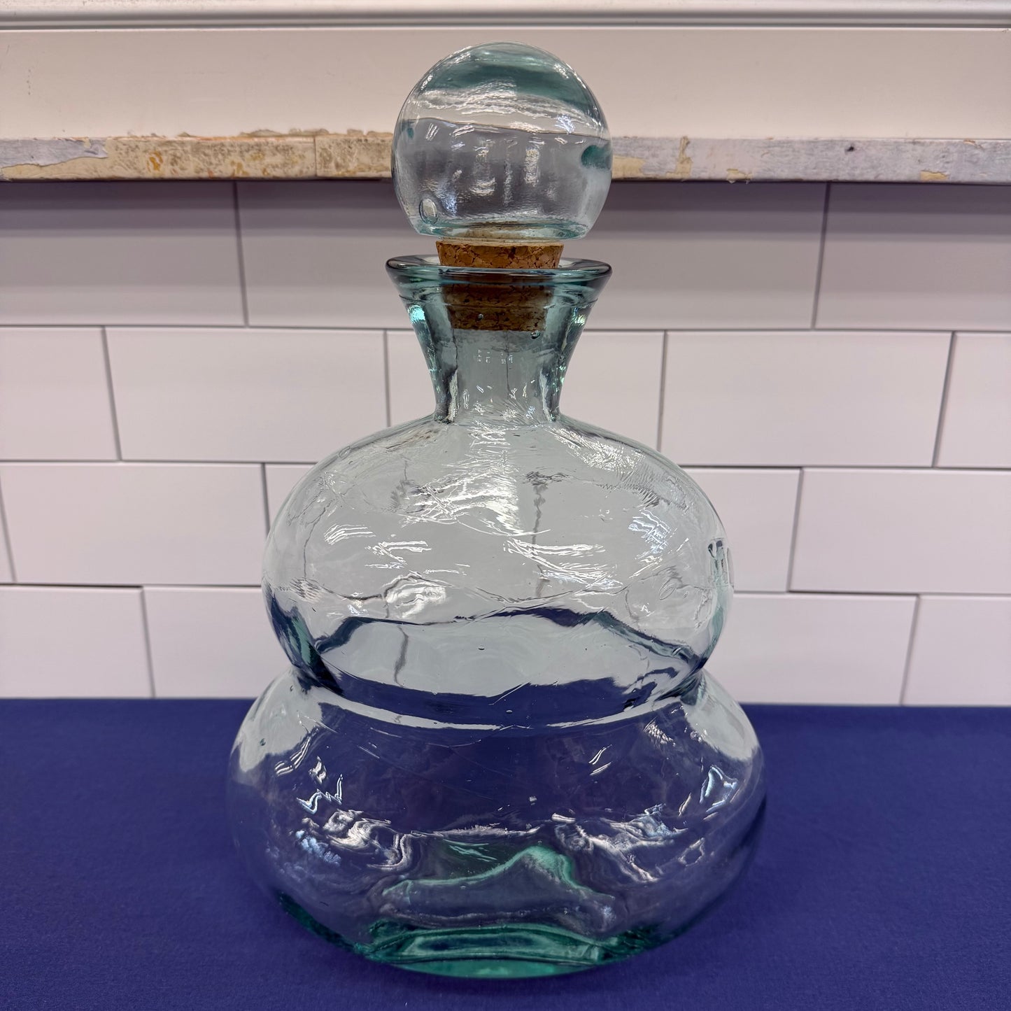 Hand-Blown Recycled Glass Decanter with Cork Stopper