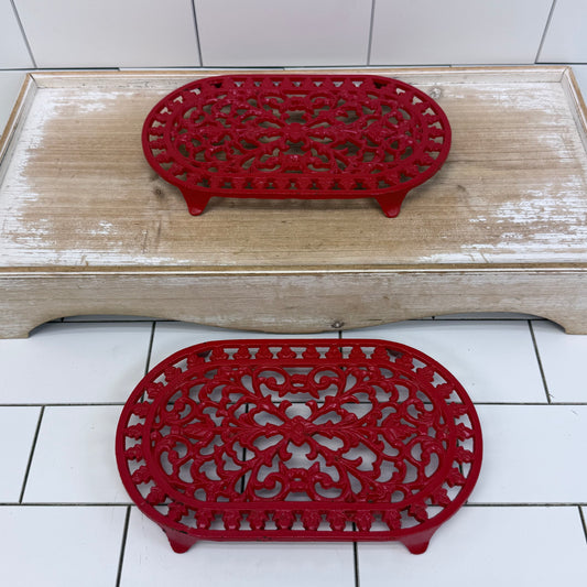 Cast Iron Trivets Red Oval Footed Hot Plates Set of 2