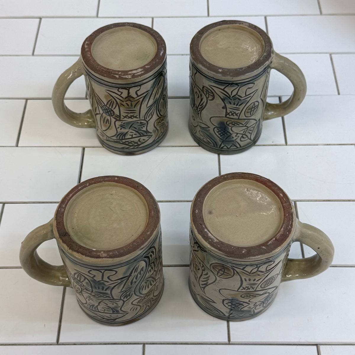Folk Art Pottery Mugs Set of 4 Ceramic Tankards