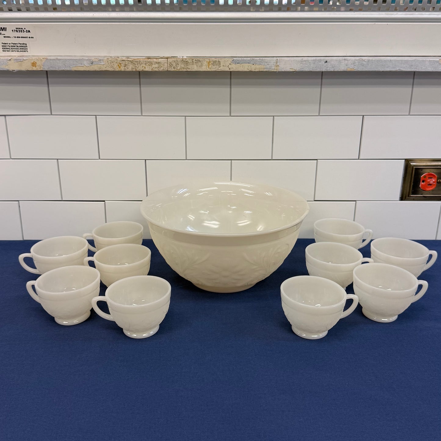 Anchor Hocking Milk Glass Punch Bowl & 10 Cup Set 1960s