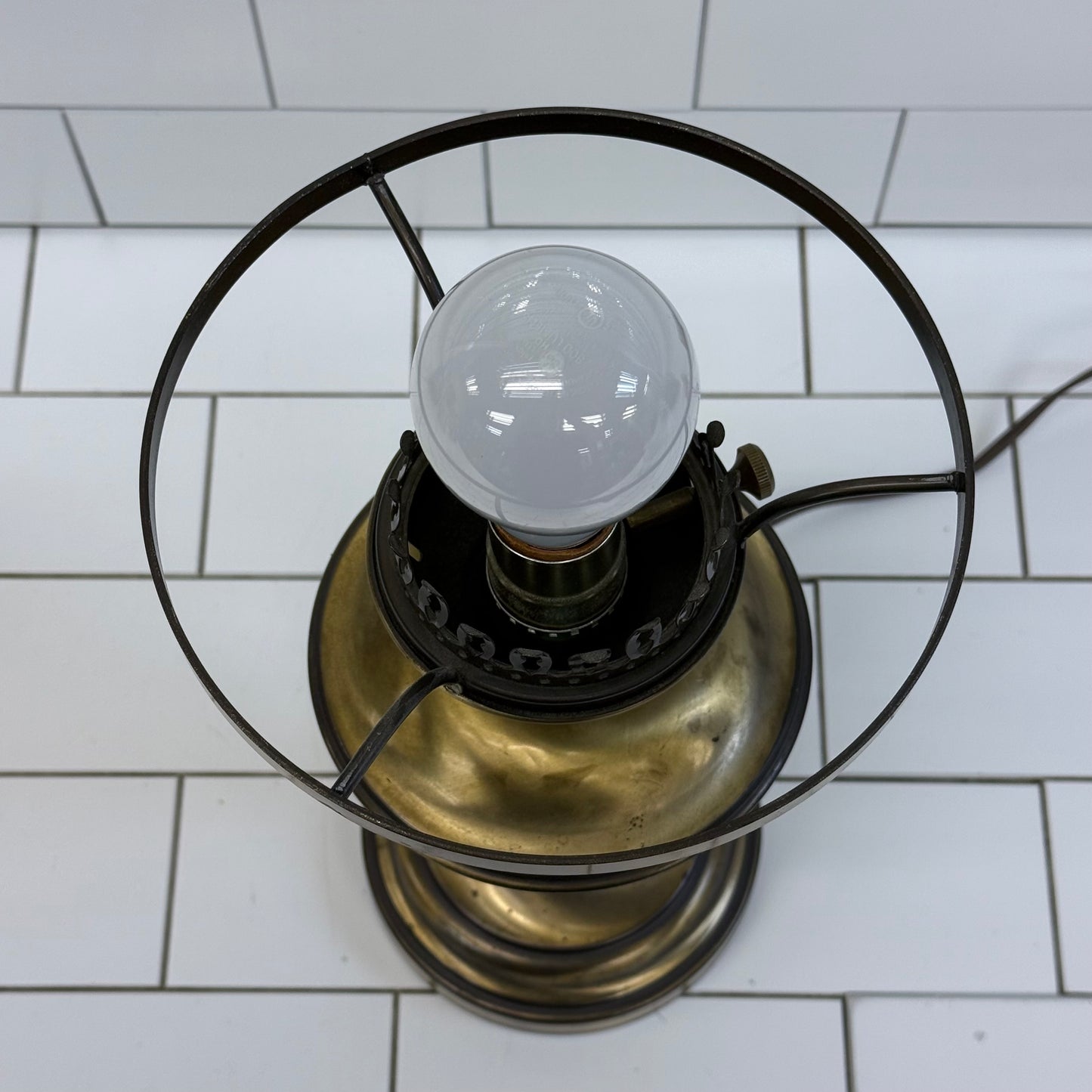 Vintage Brass Hurricane Table Lamp Milk Glass Shade Tested Works