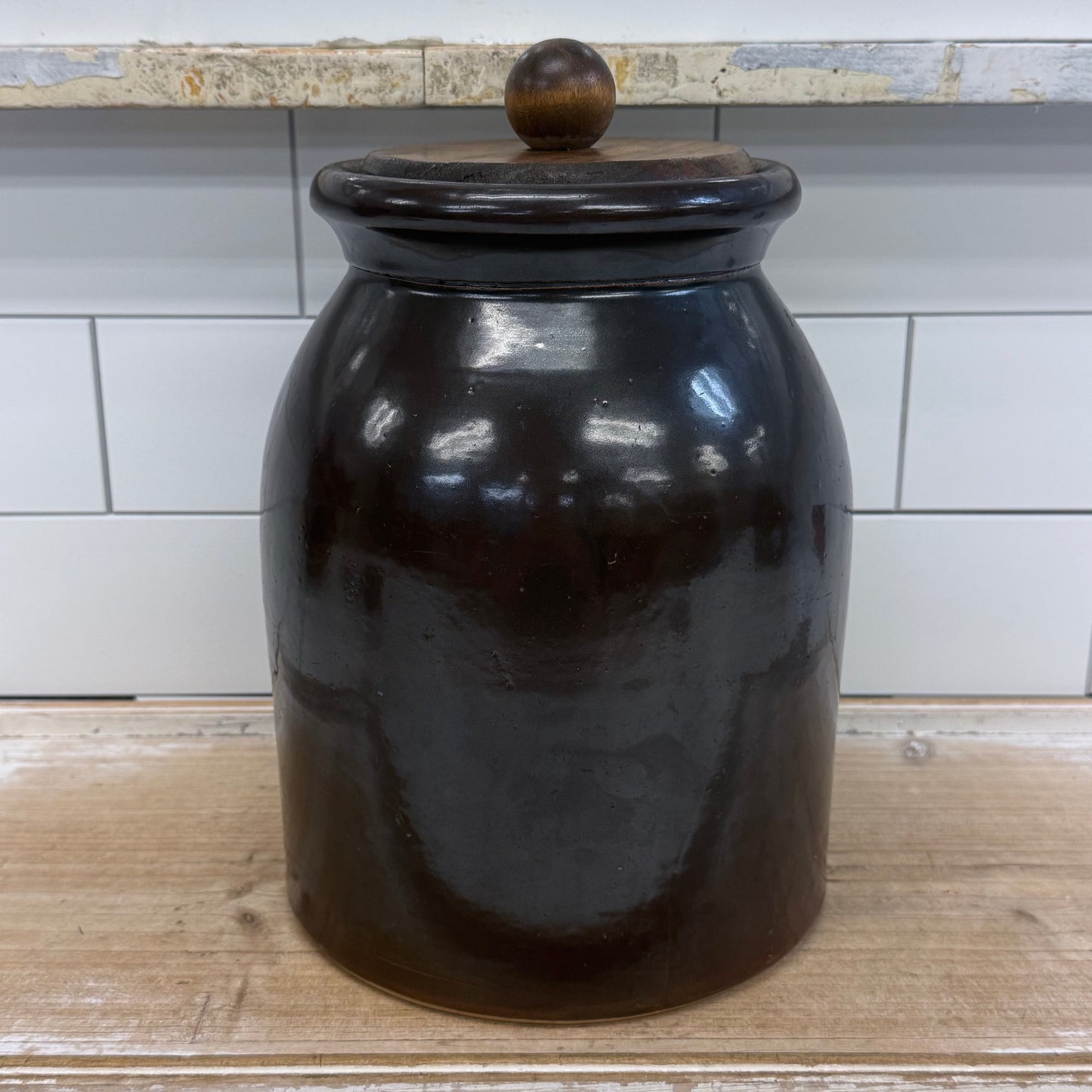Stoneware Storage Crock with Wooden Lid Brown Glazed Kitchen Jar