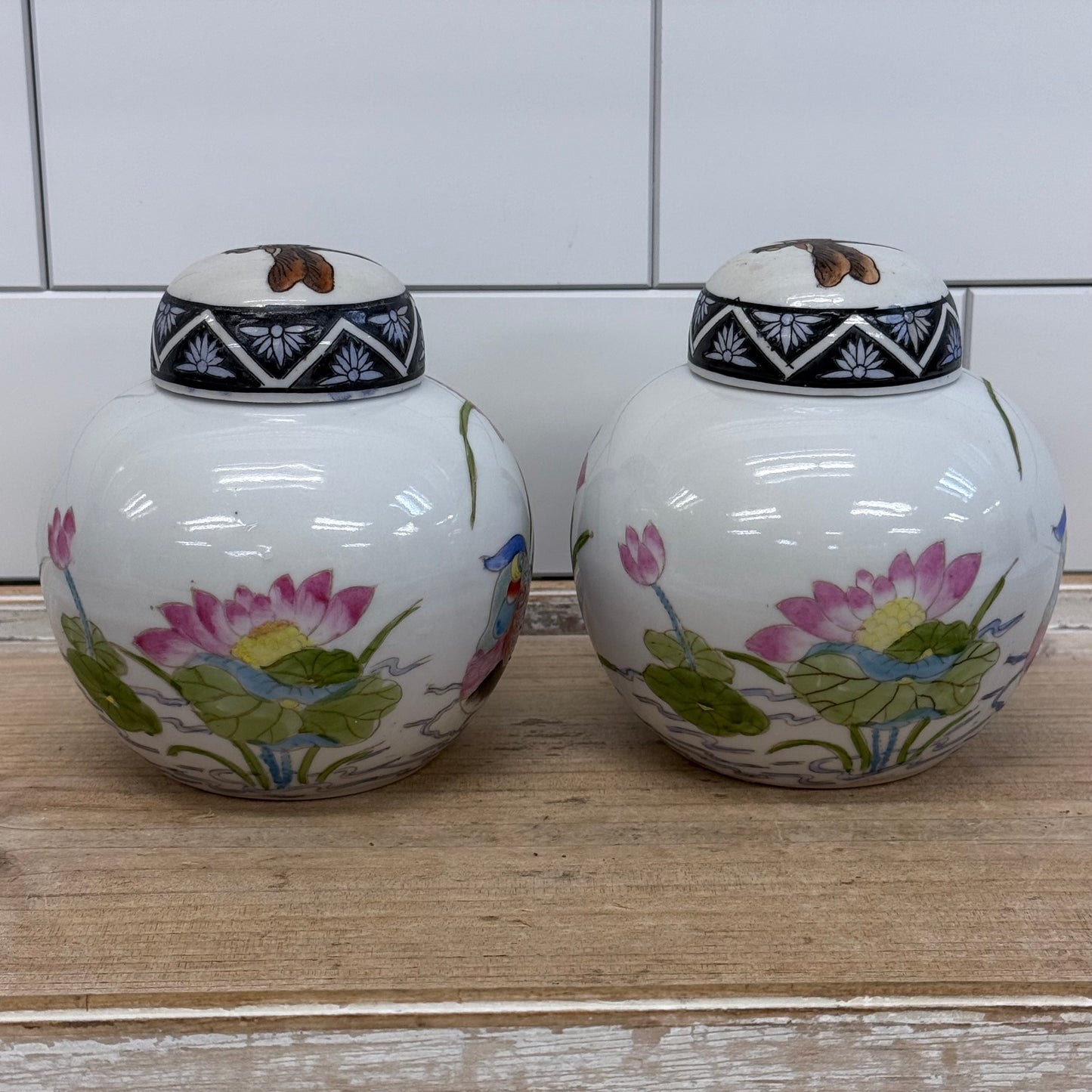 Toyo Porcelain Ginger Jars Bird & Dragonfly Set of 2 Japan