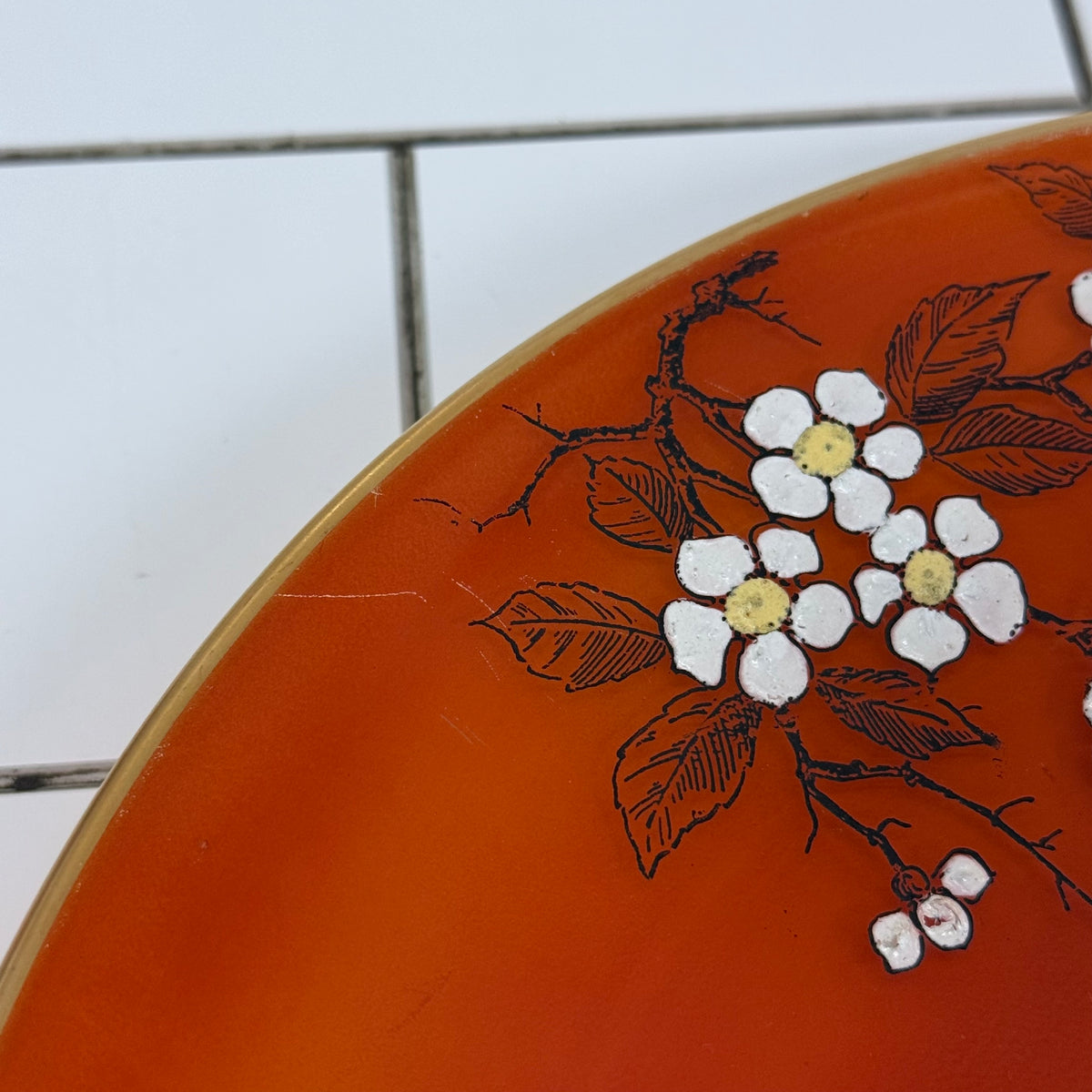 Art Deco Orange Floral Glass Serving Tray 1930s