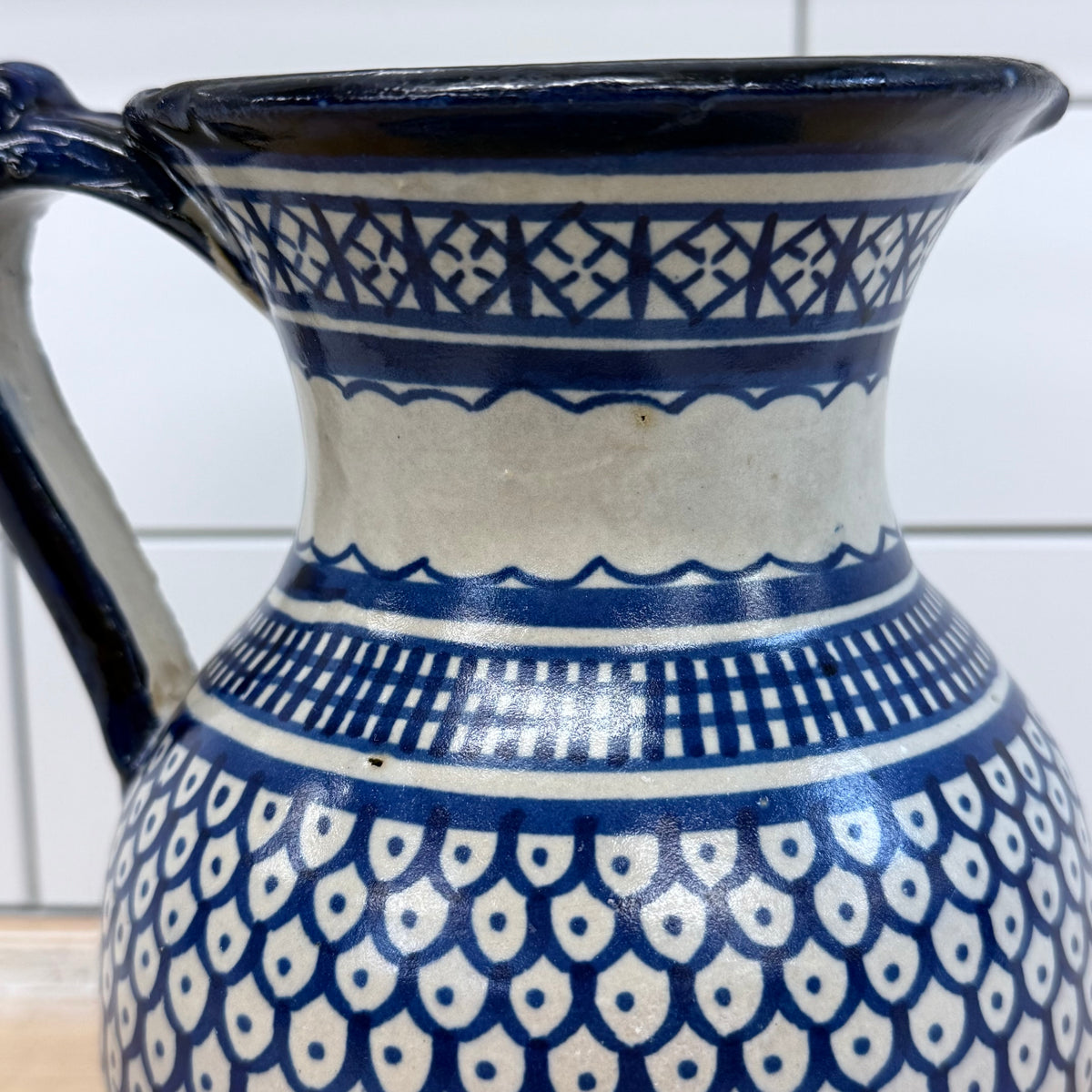 Moroccan Fez Blue White Pottery Pitcher & Plate Hand Painted