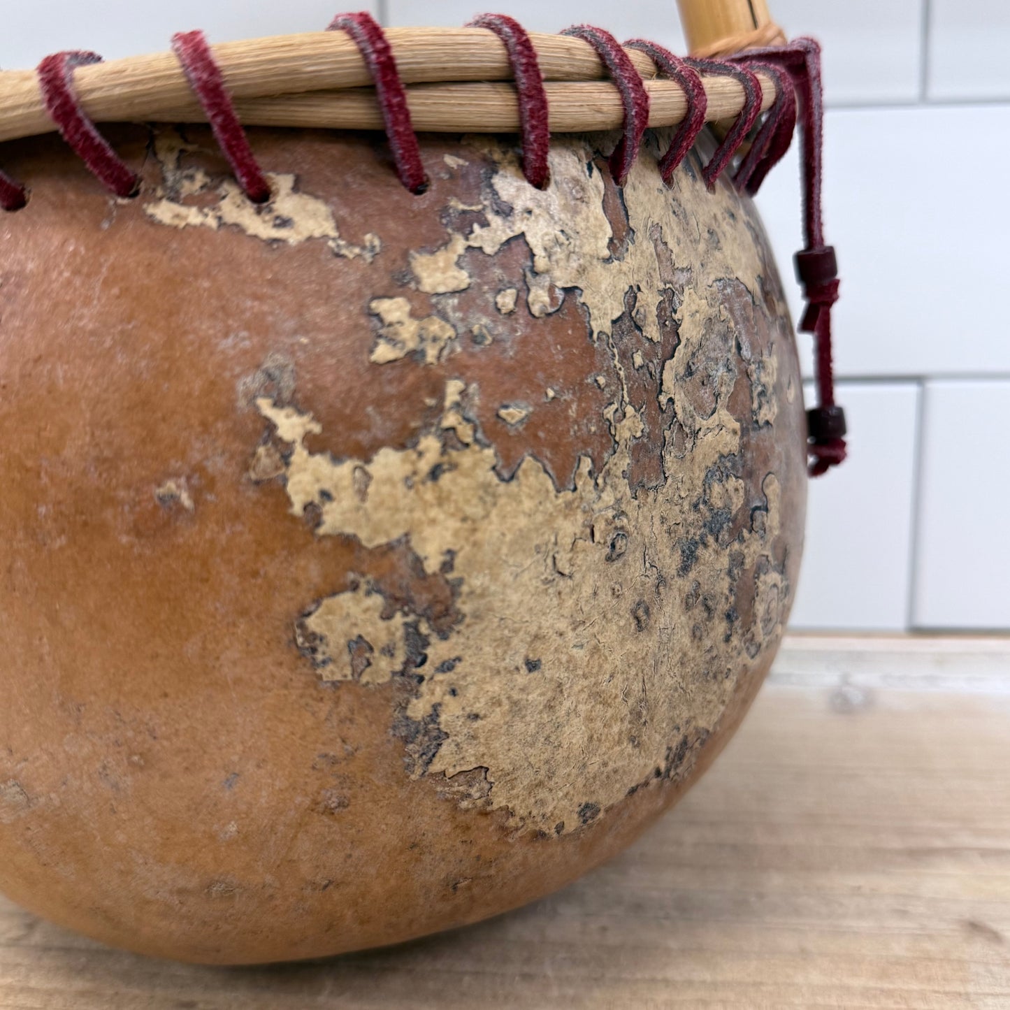 Handcrafted Signed Gourd Basket Bamboo Handle Folk Art 2000
