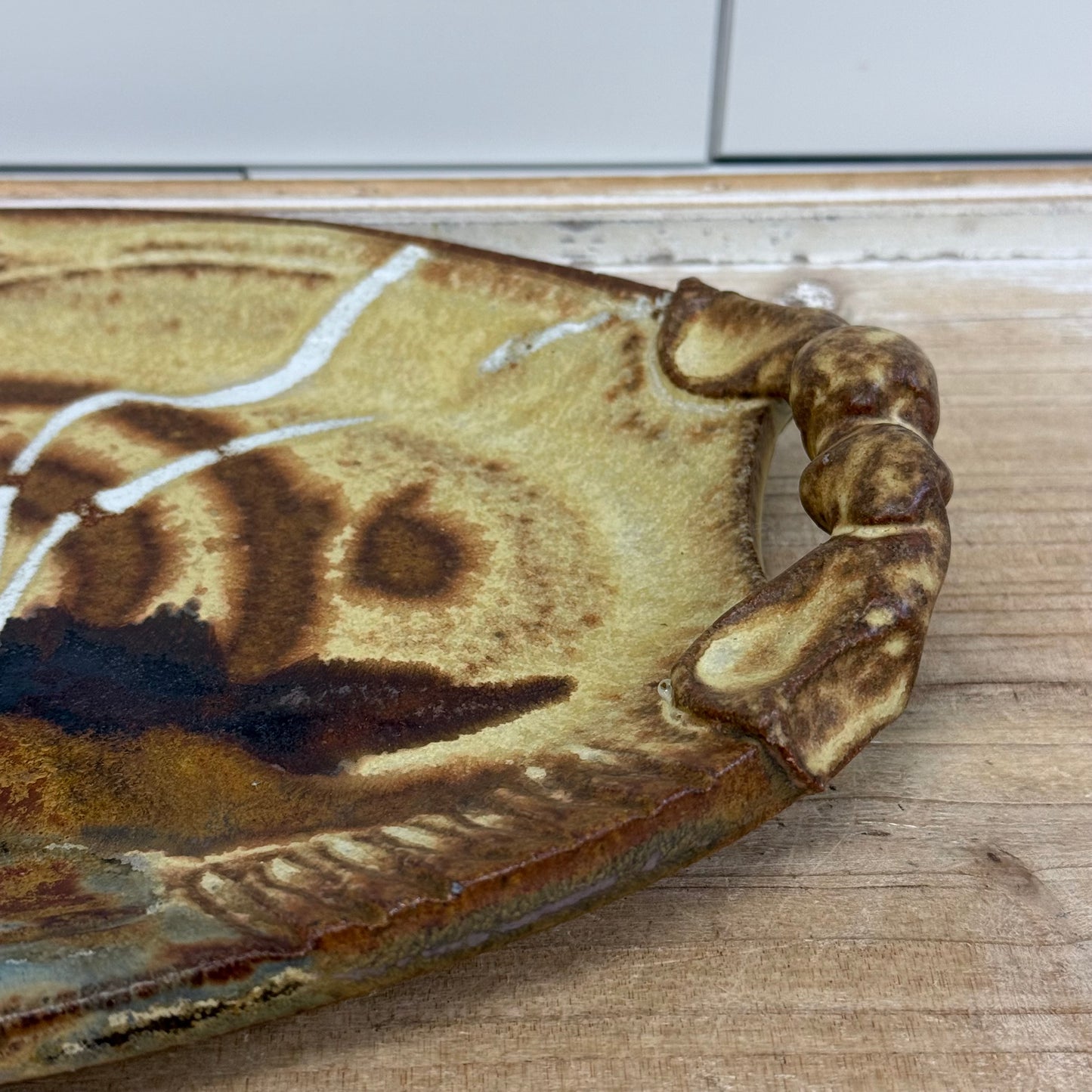 Signed Studio Art Pottery Abstract Handled Tray Stoneware