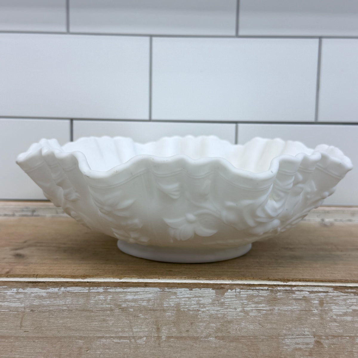 White Milk Glass Rose Bowl with Ruffled Rim