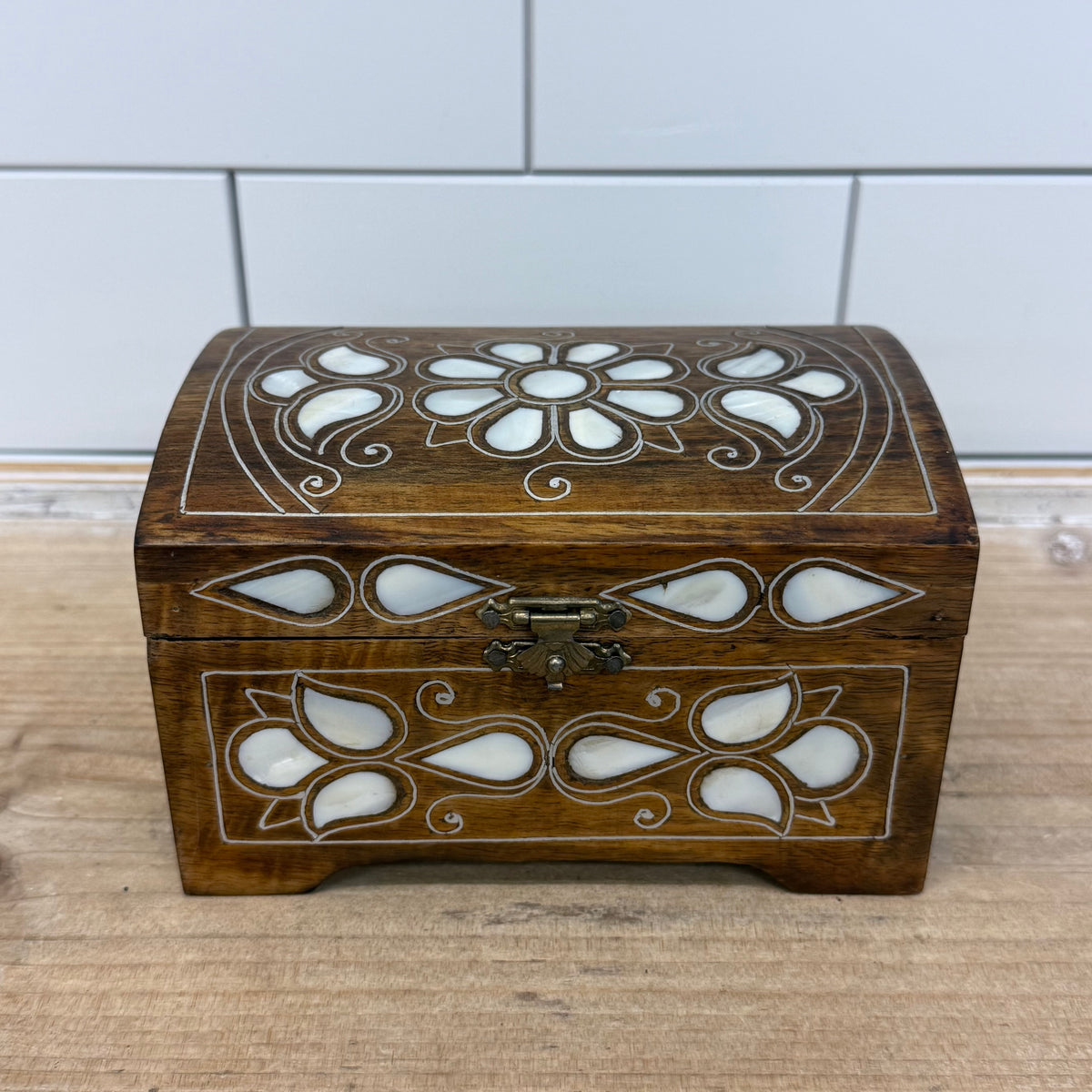 Wood Mother of Pearl Inlay Jewelry Trinket Box