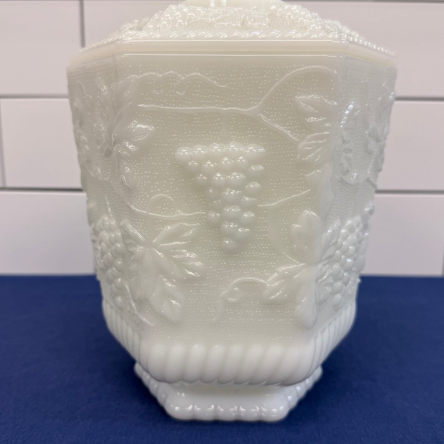 Fire King Grapevine Milk Glass Lidded Jar Vintage 1960s