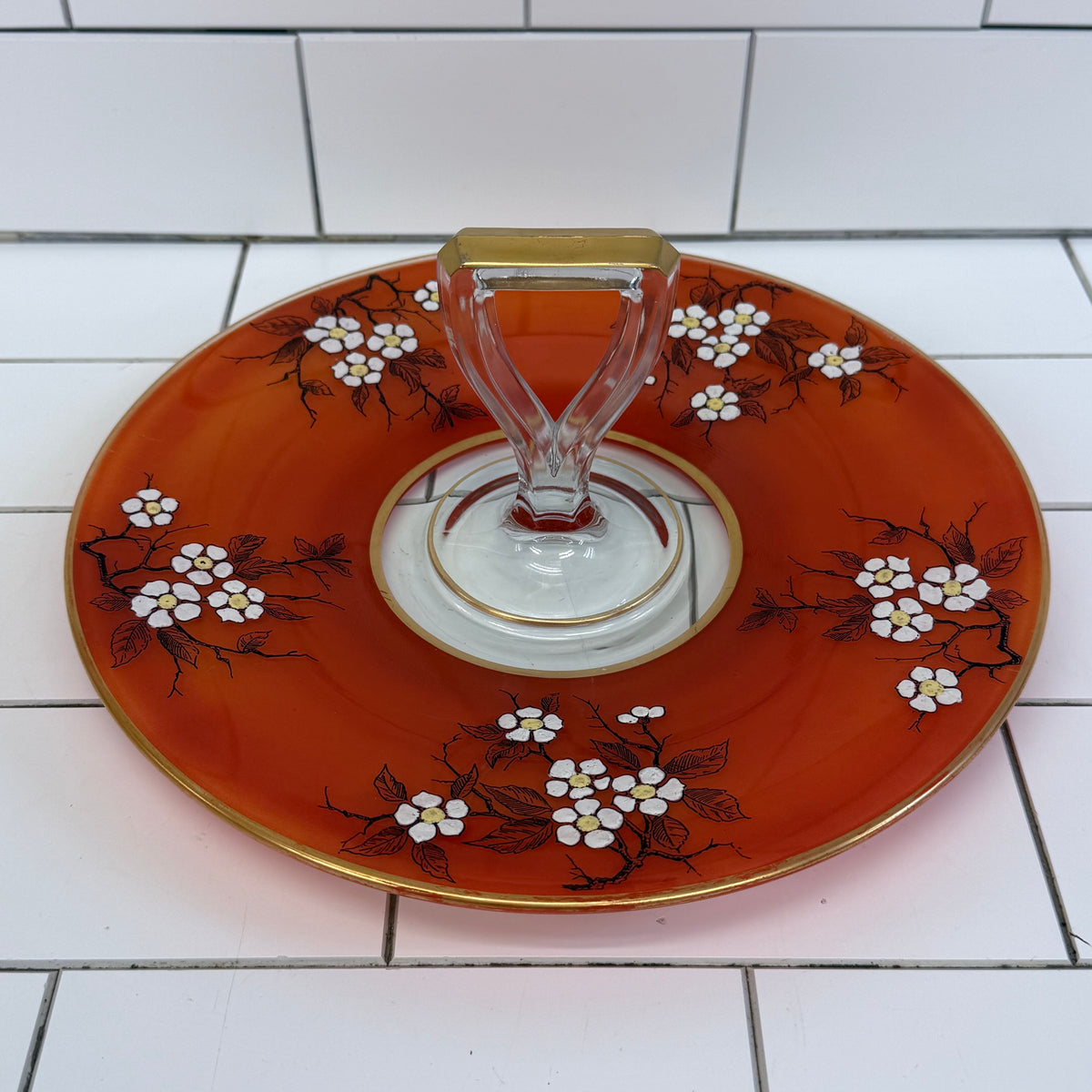 Art Deco Orange Floral Glass Serving Tray 1930s