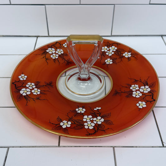 Art Deco Orange Floral Glass Serving Tray 1930s