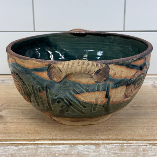 Studio Art Pottery Spiral Handled Bowl, Signed, Glazed Stoneware