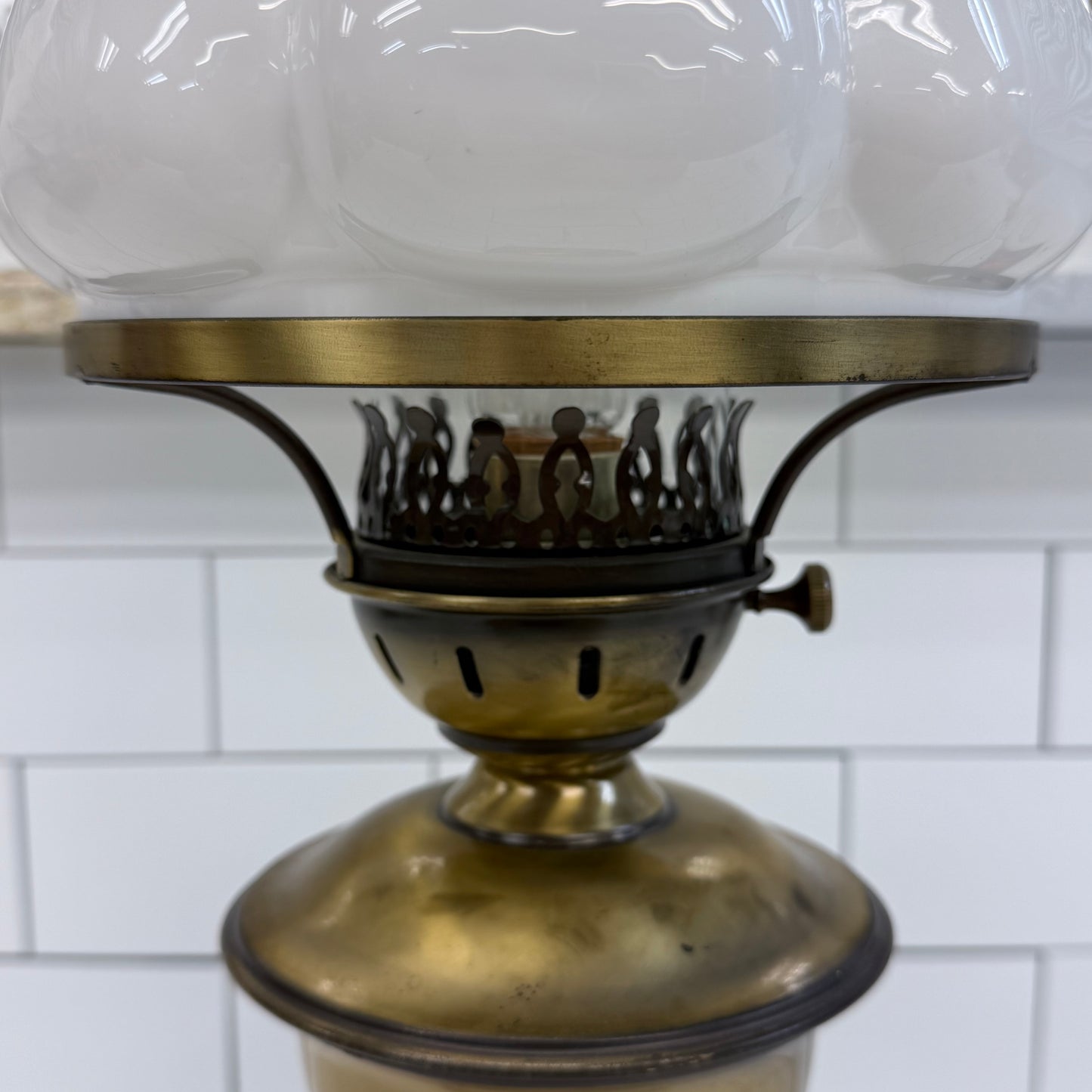 Vintage Brass Hurricane Table Lamp Milk Glass Shade Tested Works