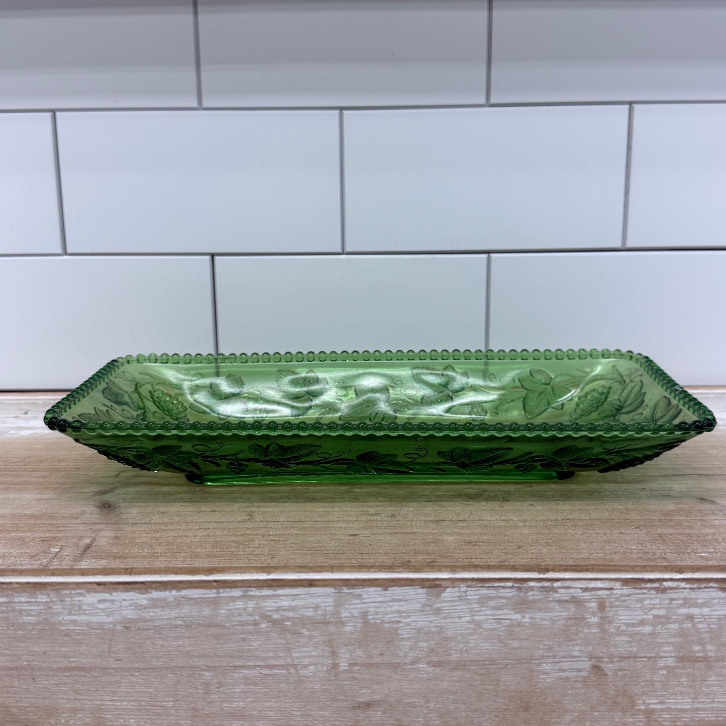 Indiana Glass Fruits Green Relish Dish Grape Vine