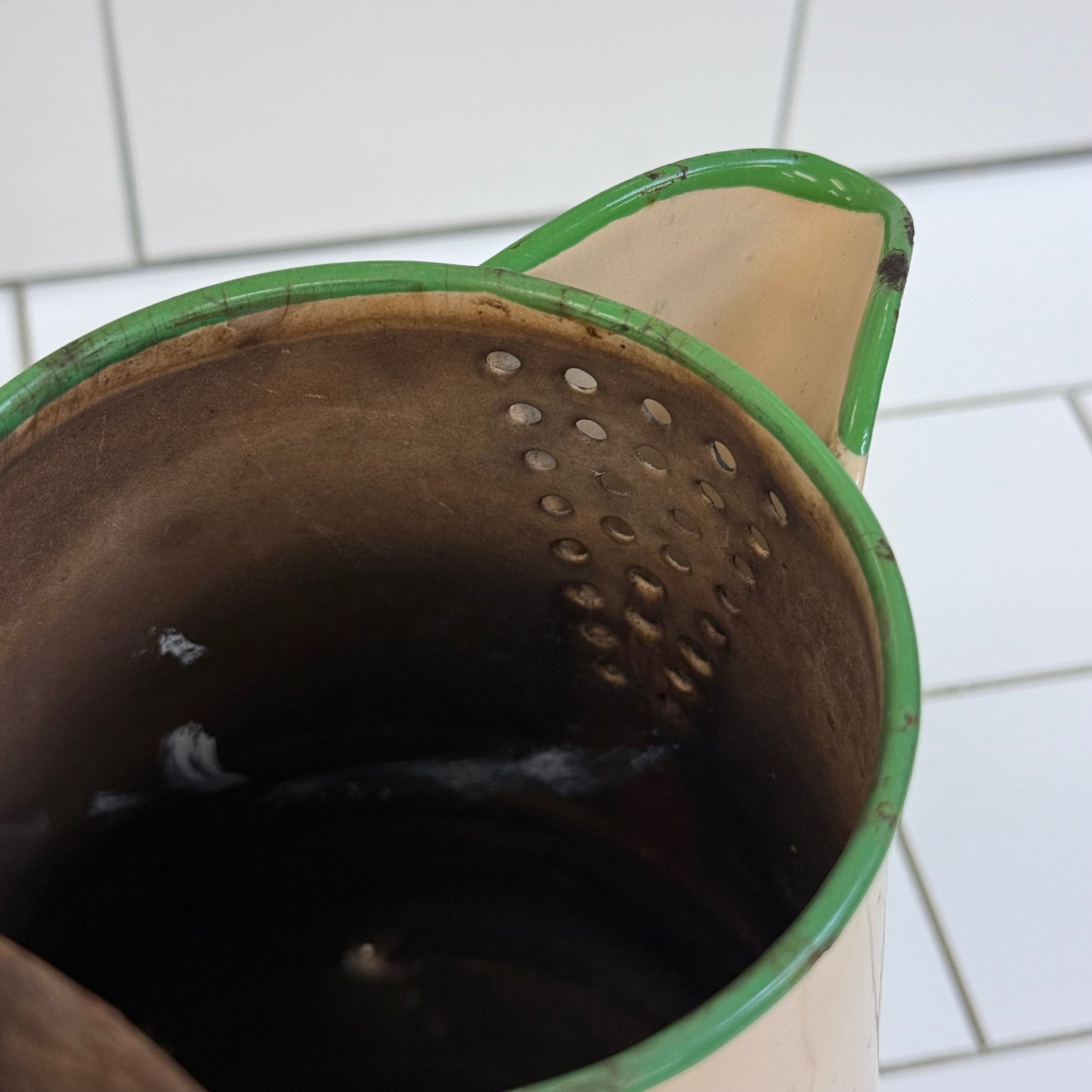 Farmhouse Cream Green Enamelware Coffee Pitcher