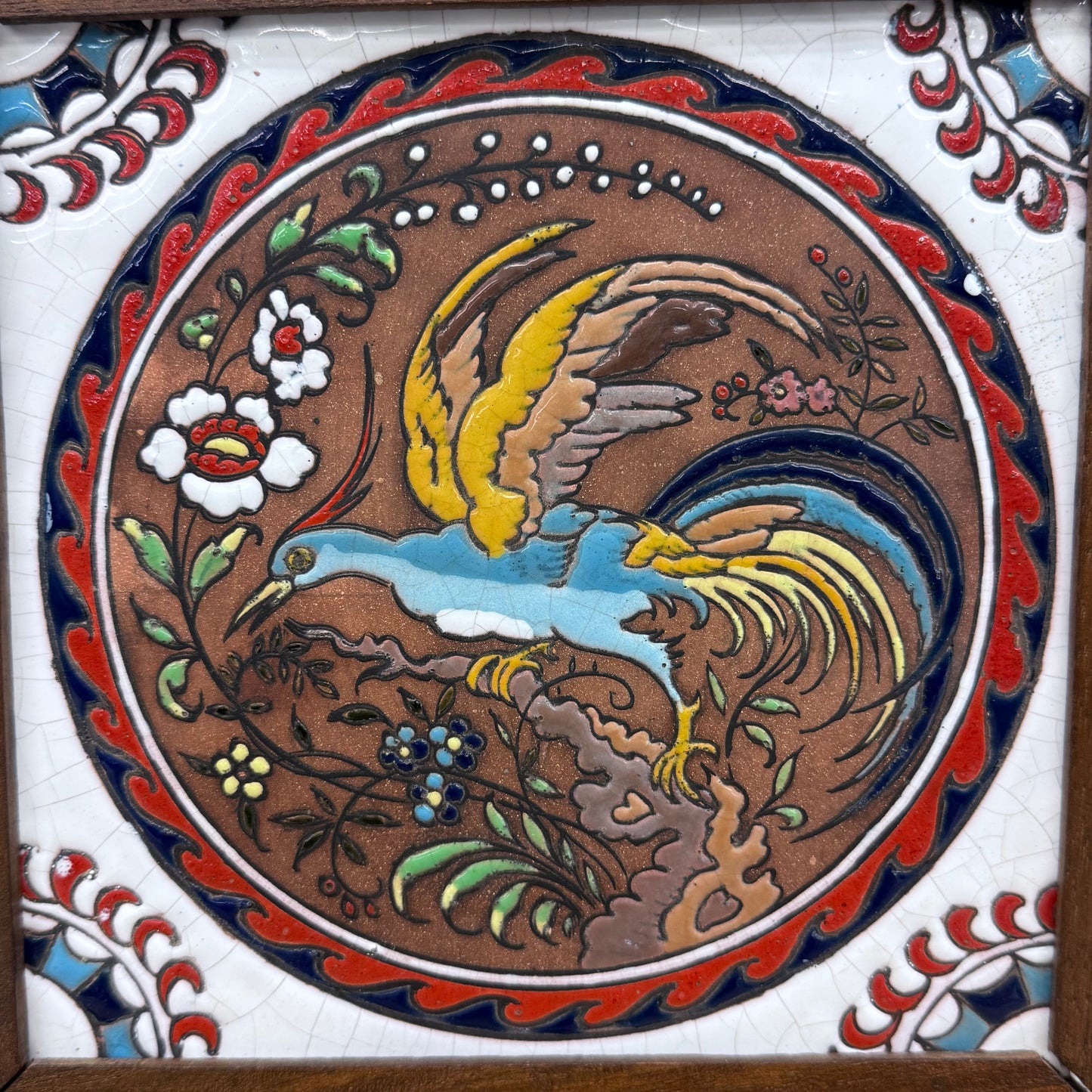 Ceramiberica Spain Framed Bird Tile, Glazed Terracotta
