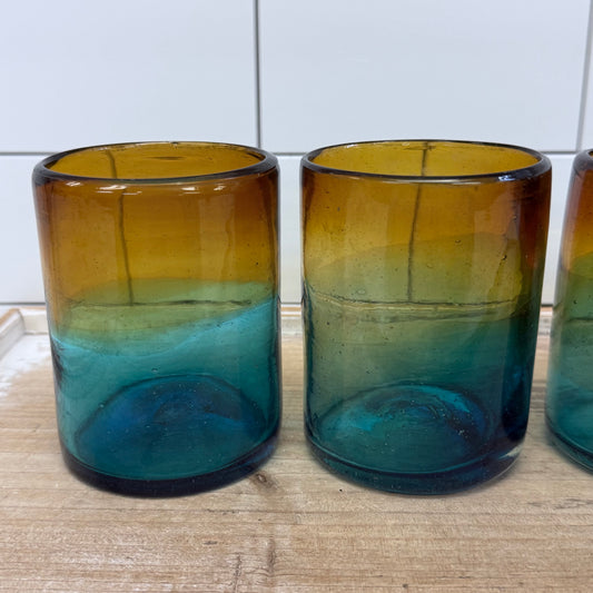 Handblown Ombré Amber Blue Green Art Glass Tumbler Set of 4