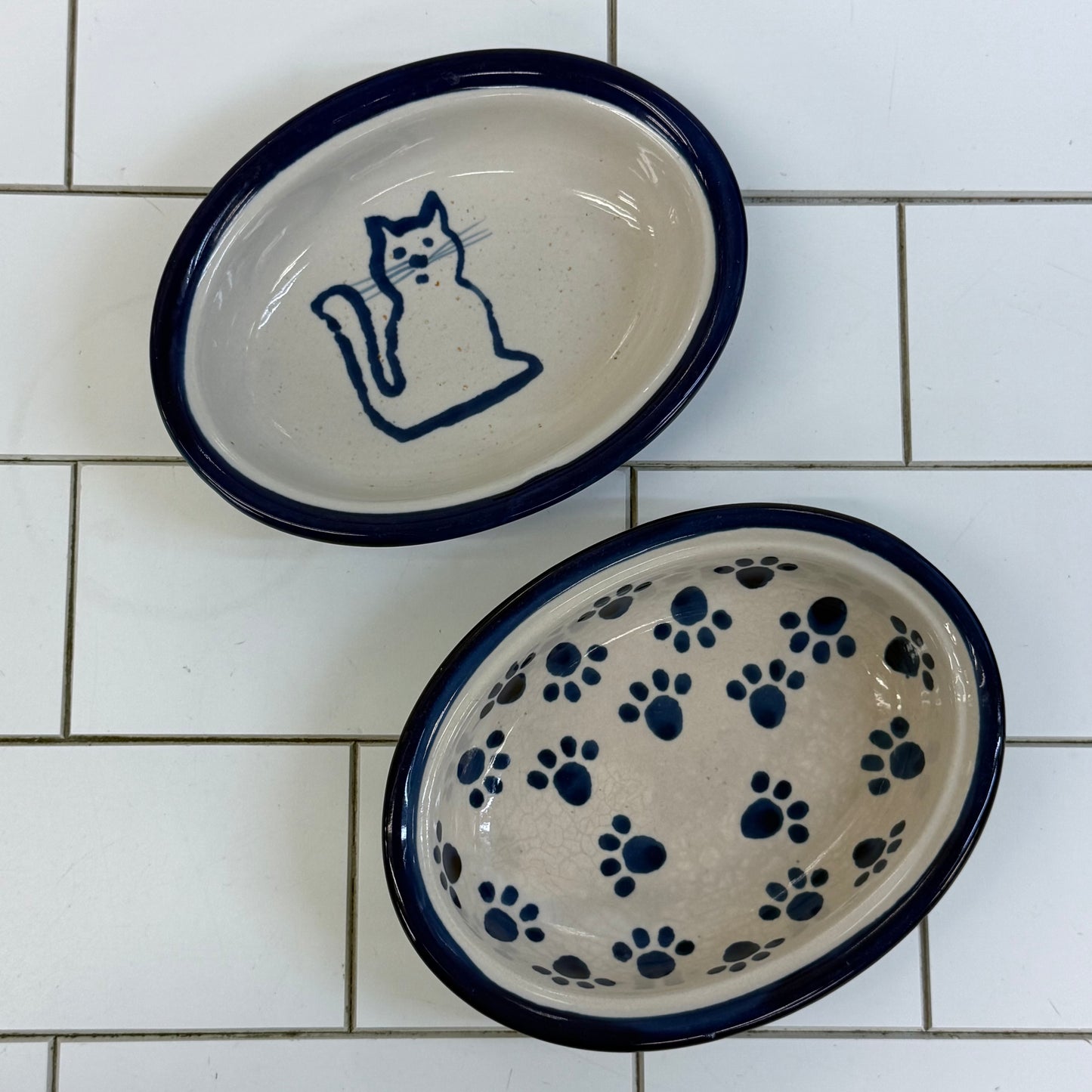 Blue & White Cat Pet Bowls Set of 2 Stoneware
