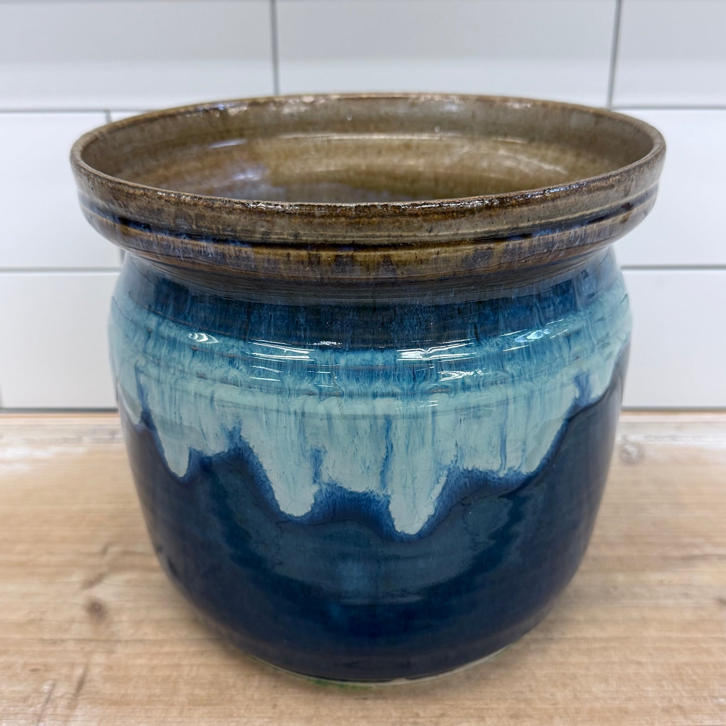 Studio Art Pottery Blue Drip Glaze Stoneware Planter Pot