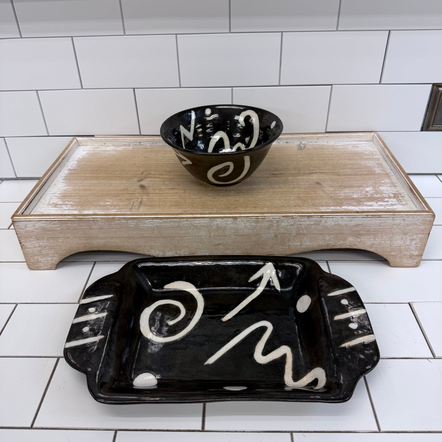 Studio Art Pottery Bowl & Handled Tray Set Signed