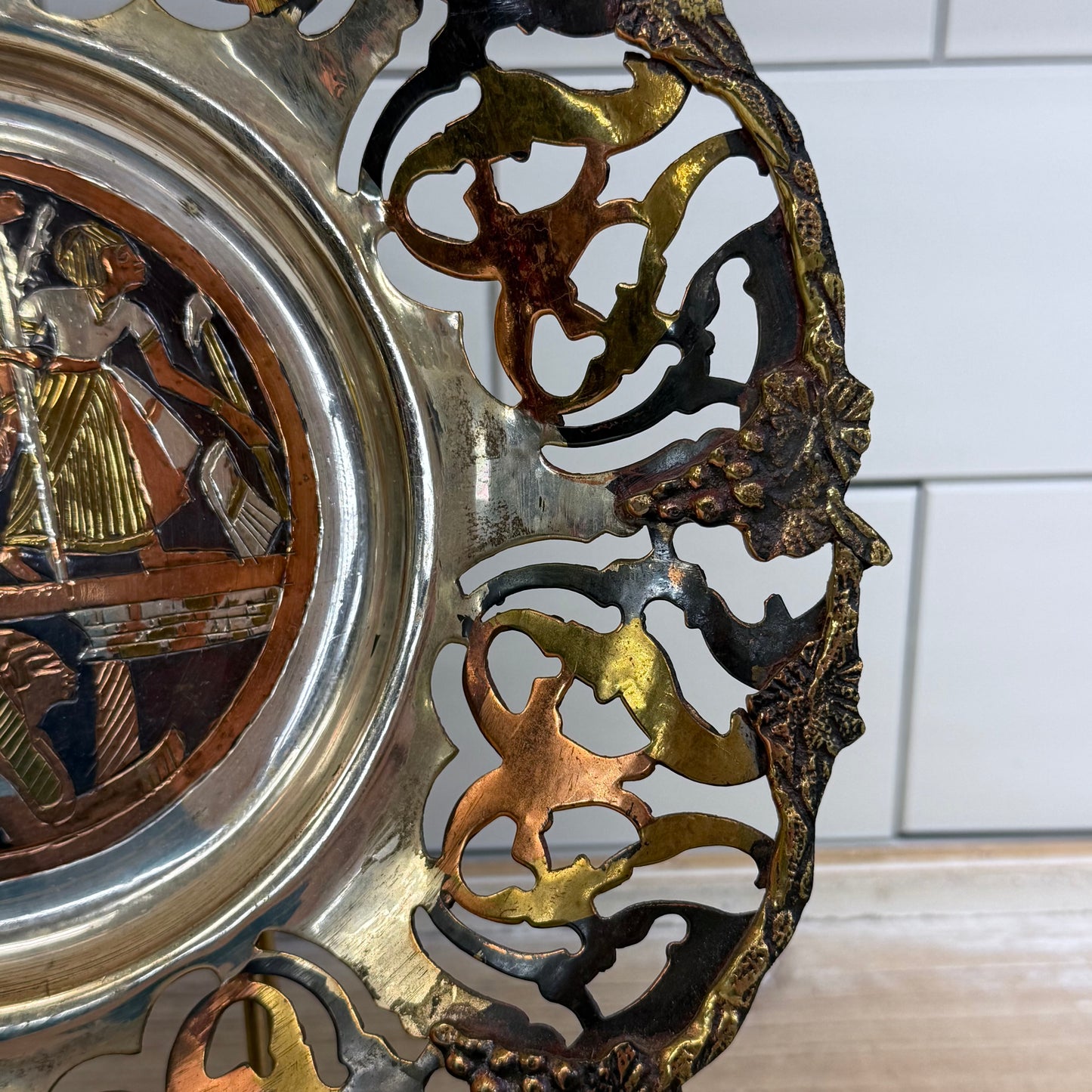 Vintage 1960s Mixed Metal Egyptian Revival Wall Plate 10” Diameter