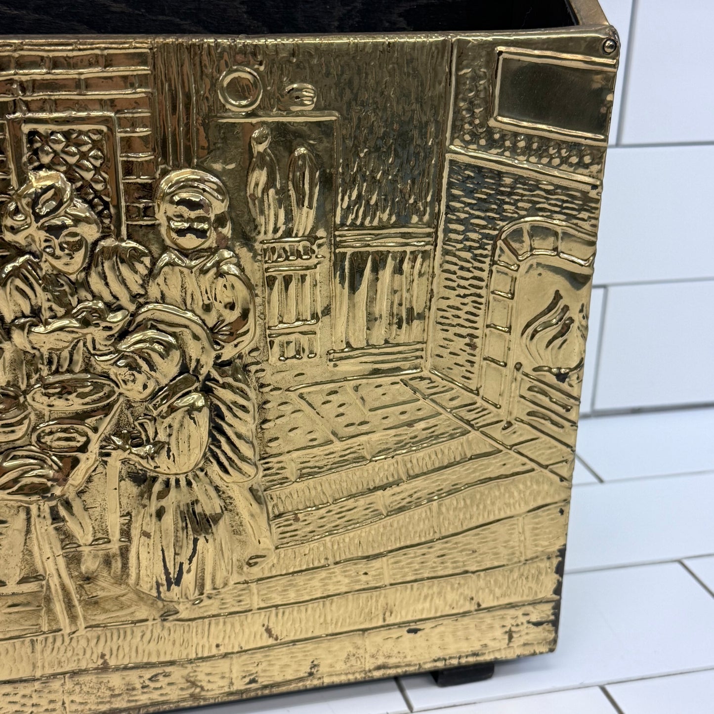 Vintage Embossed Brass & Wood Magazine Rack Old World Scene