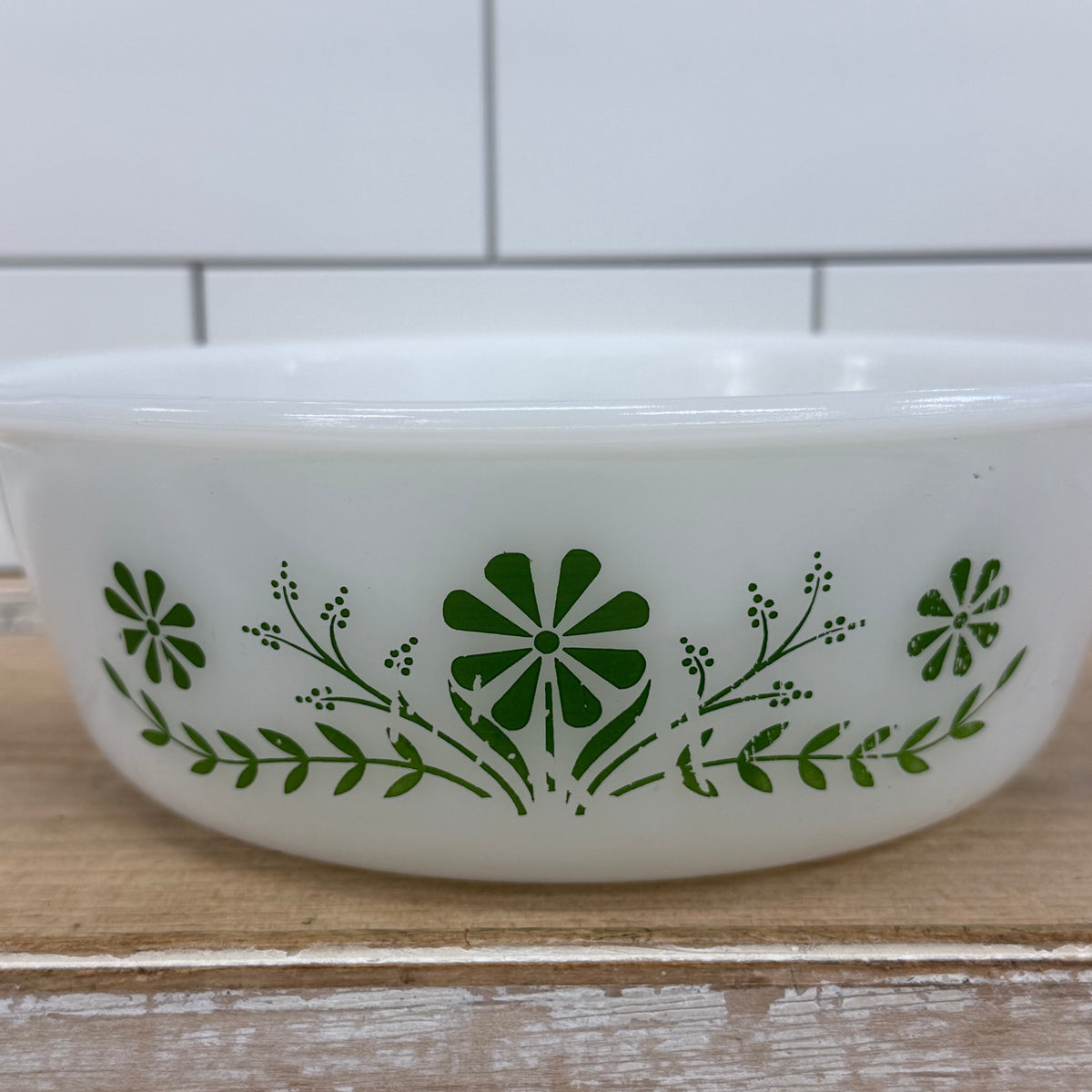Glasbake Green Daisy Milk Glass Casserole Dish
