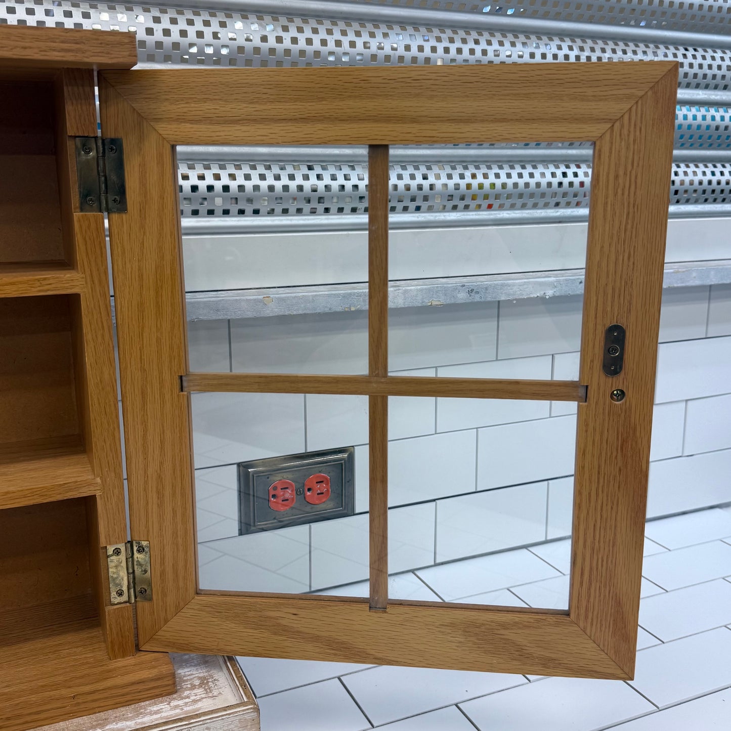 Wall Mounted Oak Curio Cabinet Glass Display Case Windowpane Door