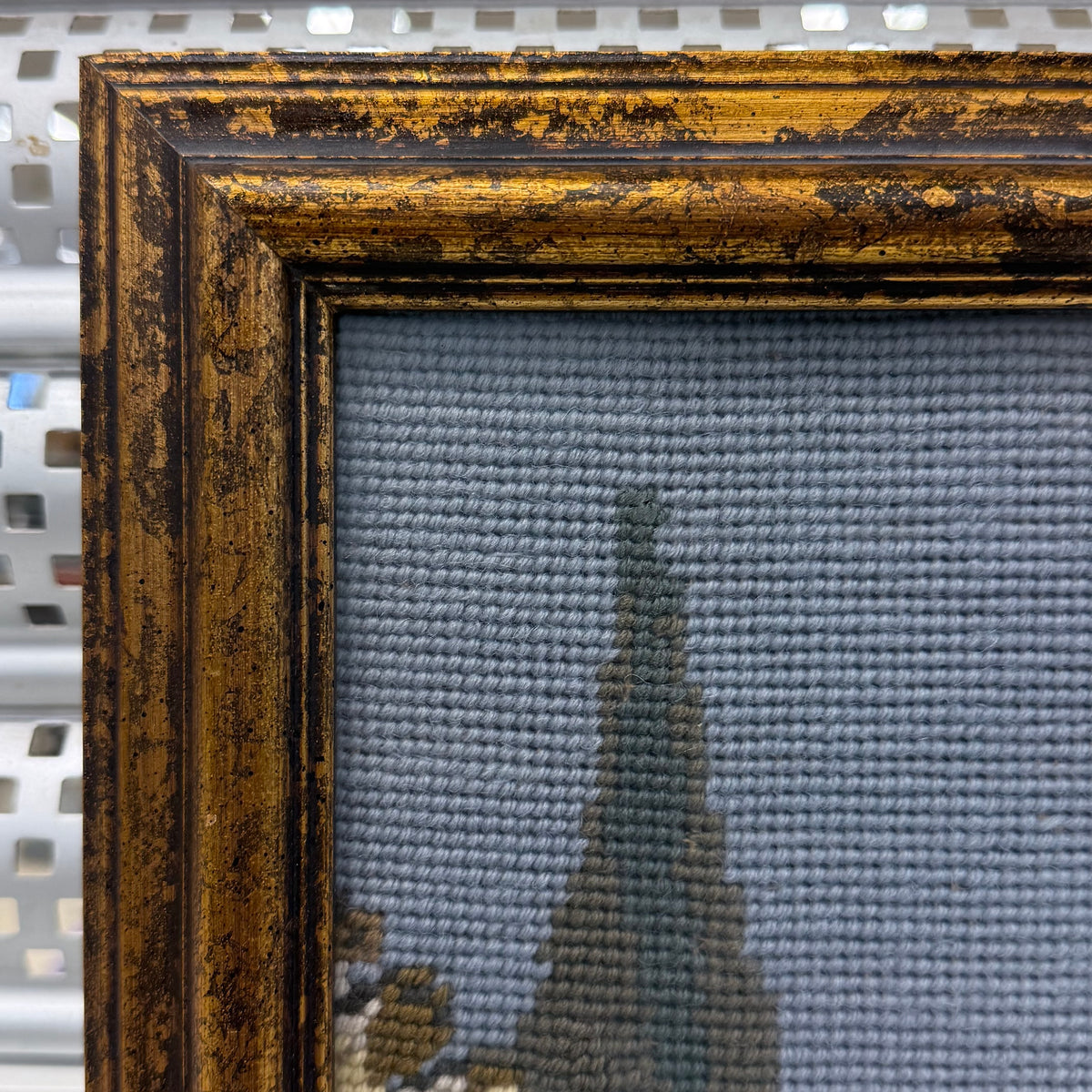 European Village Clock Tower Framed Needlepoint Art