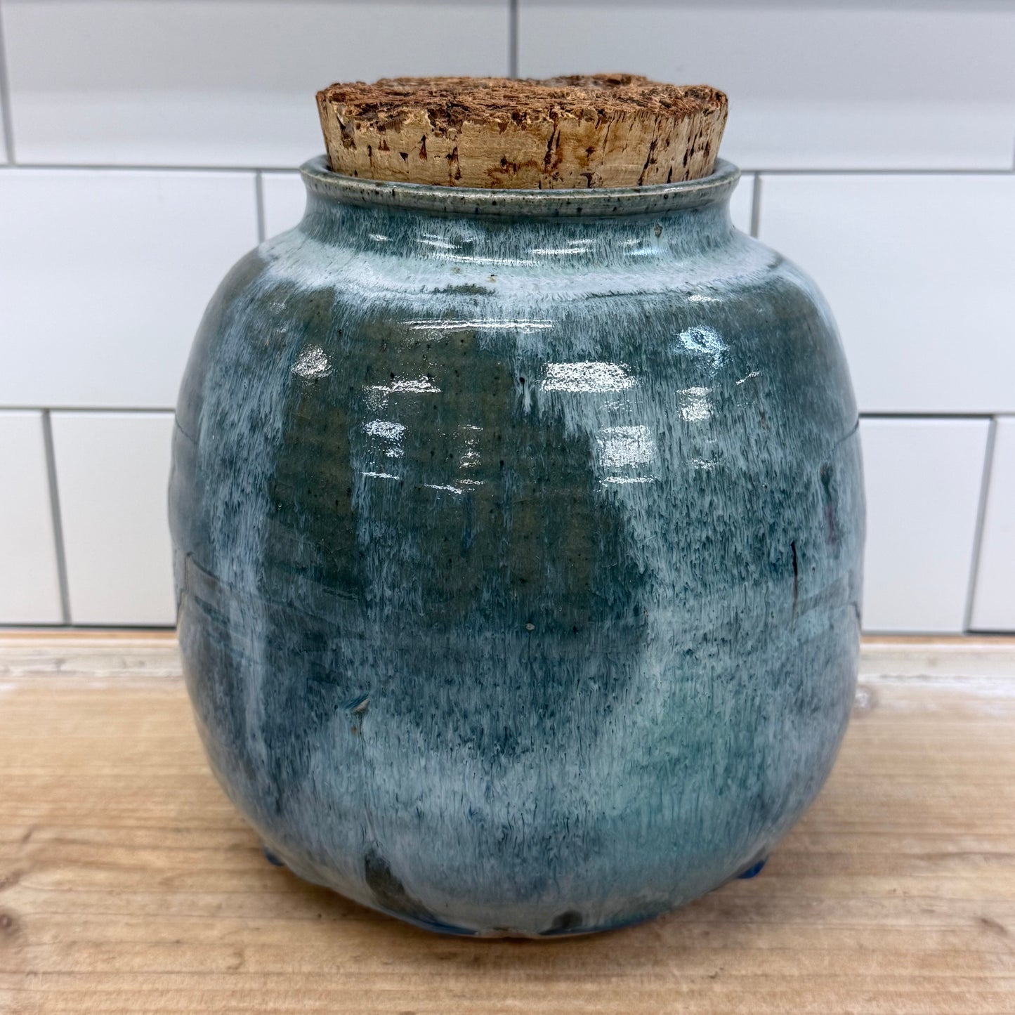 Studio Art Pottery Jar Signed with Cork Lid Blue Green Drip Glaze