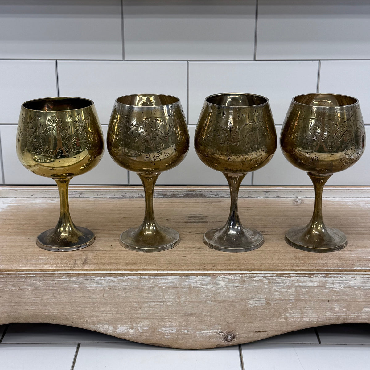 Vintage Floral Etched Goblets, Set of 4