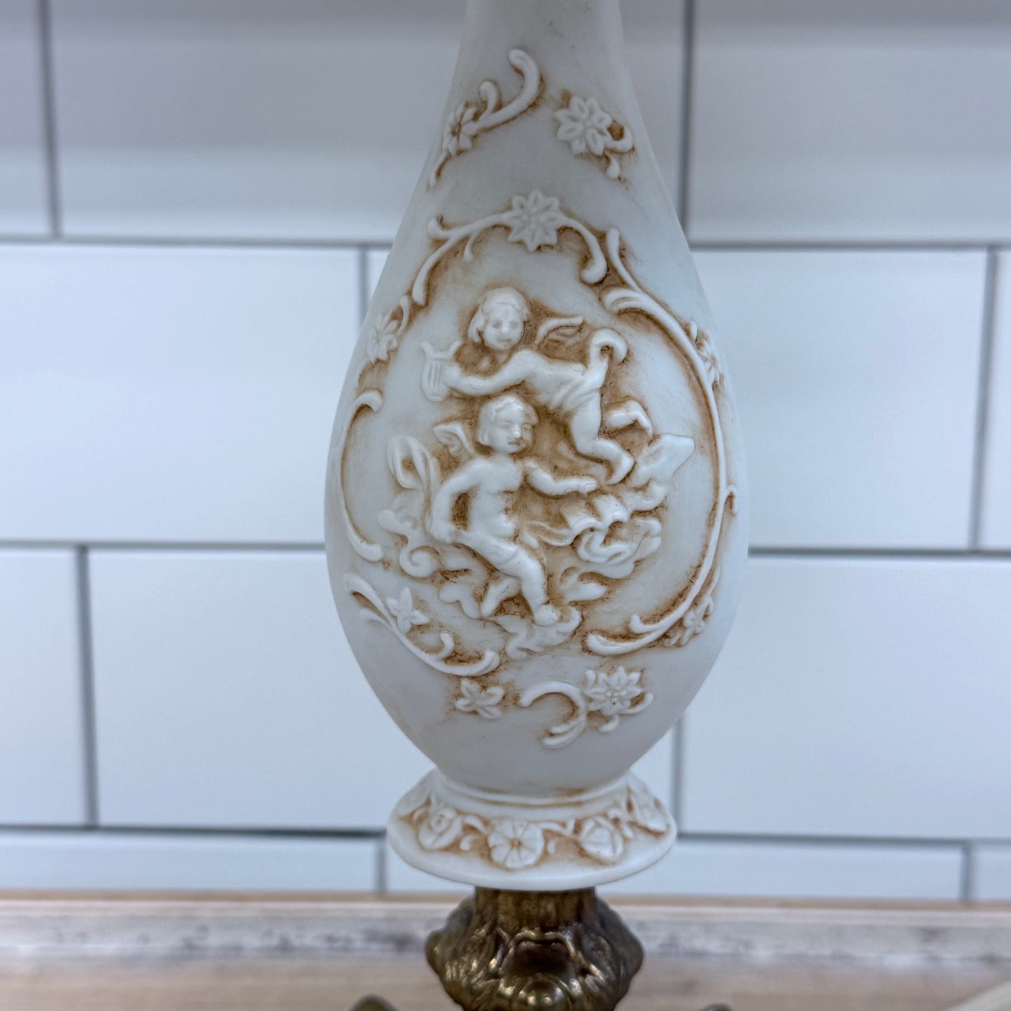 Vintage Cherub Raised Relief Bisque Porcelain Table Lamp