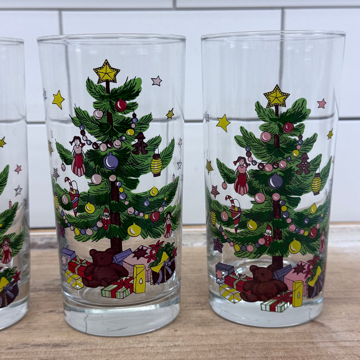 Nikko Christmas Tree Teddy Bear Highball Glass Tumblers Set of 4